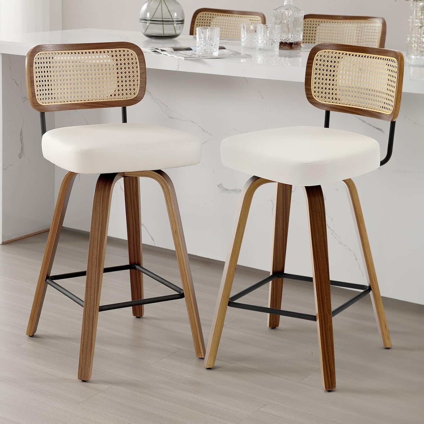 Swivel Counter Height Bar Stools Cream White Rattan Back in a modern kitchen setting with stylish design and comfort.
