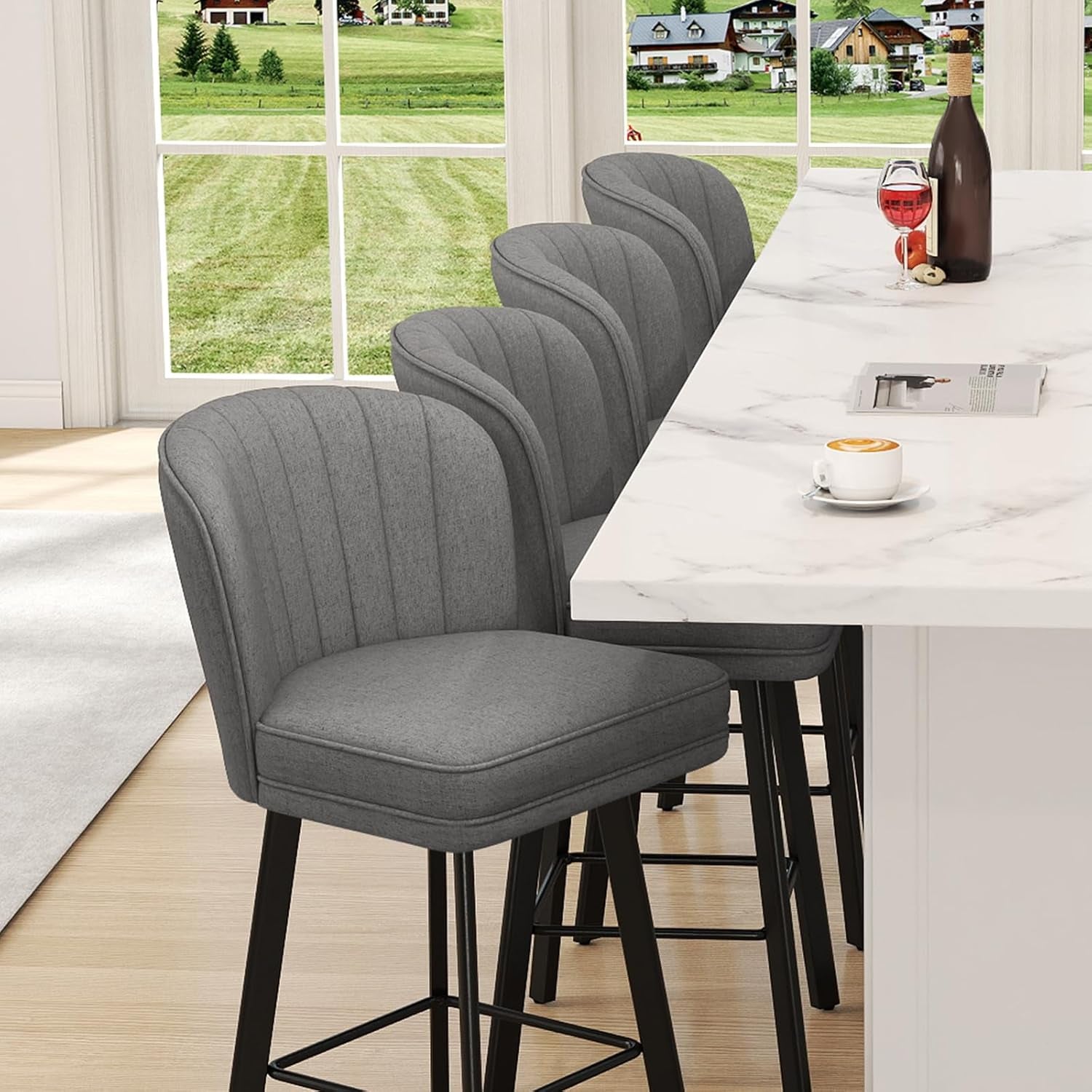 26 Counter Height Bar Stools Set Of 3 Gray Faux Leather at a kitchen counter with a modern design and scenic view.