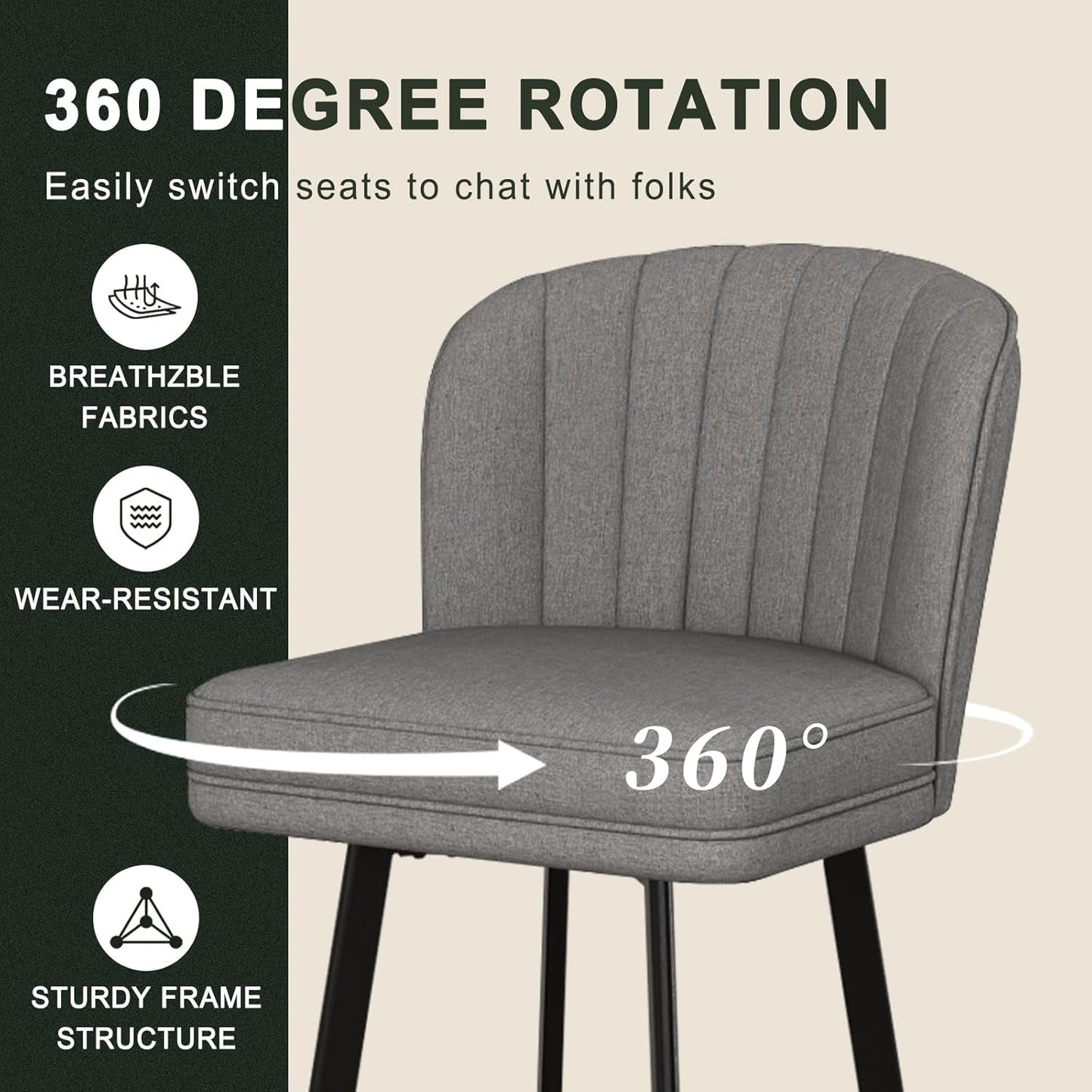 26 Counter Height Bar Stools Set Of 3 Gray Faux Leather with 360 degree rotation features and breathable fabrics.
