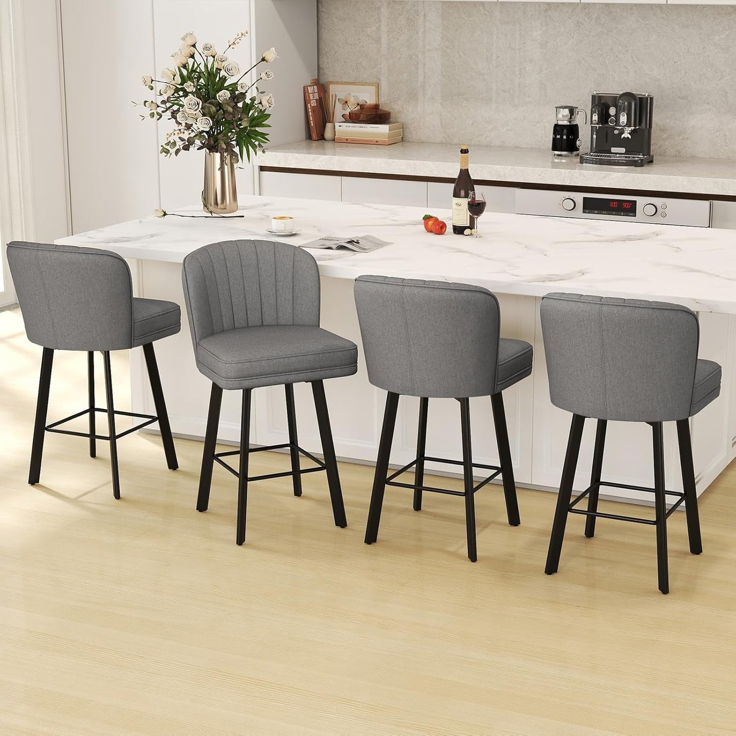 26 Counter Height Bar Stools Set Of 3 Gray Faux Leather in a modern kitchen setting