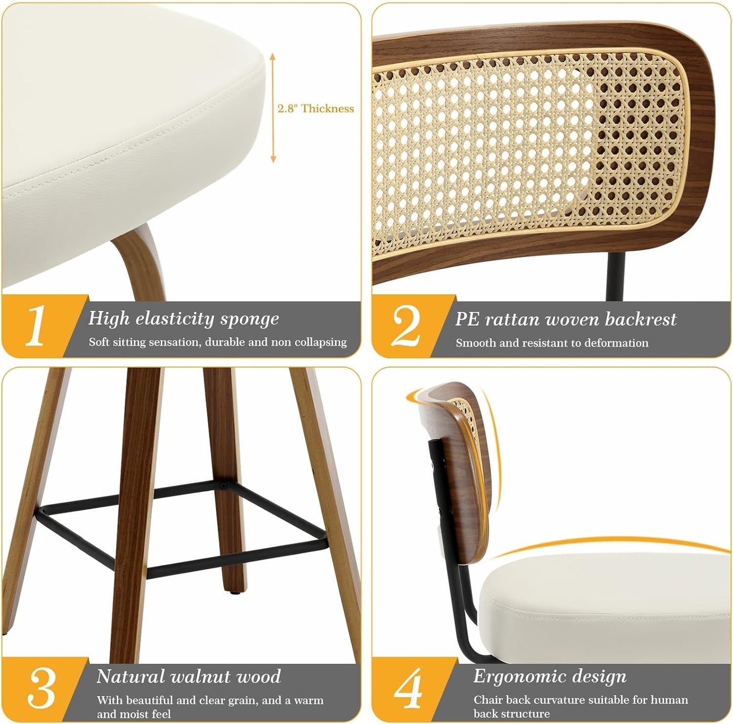 Swivel Counter Height Bar Stools Set of 4 Cream Upholstered Rattan Back with features of high elasticity sponge and natural walnut wood.