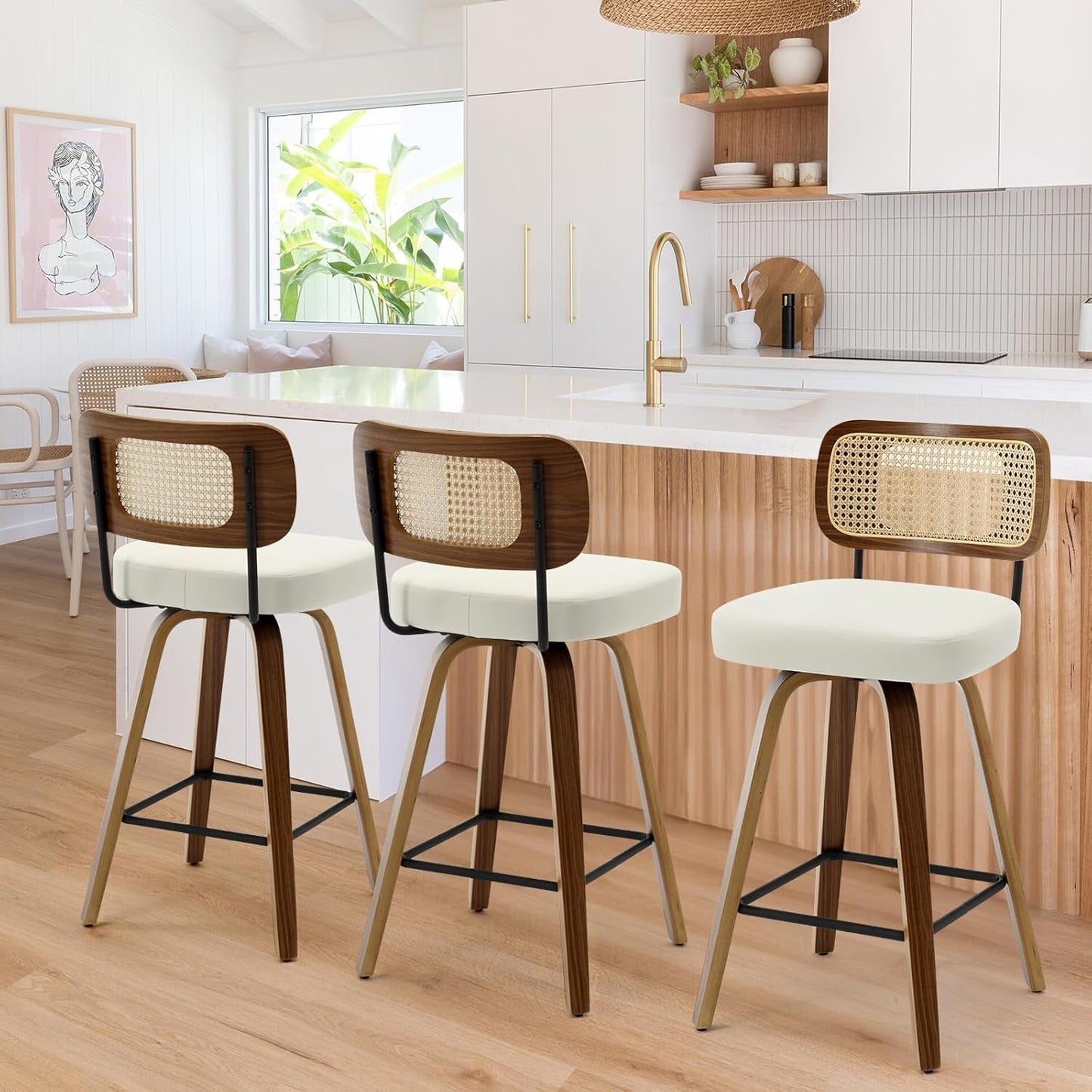 Swivel Counter Height Bar Stools Set of 4 Cream Upholstered Rattan Back in a modern kitchen setting.