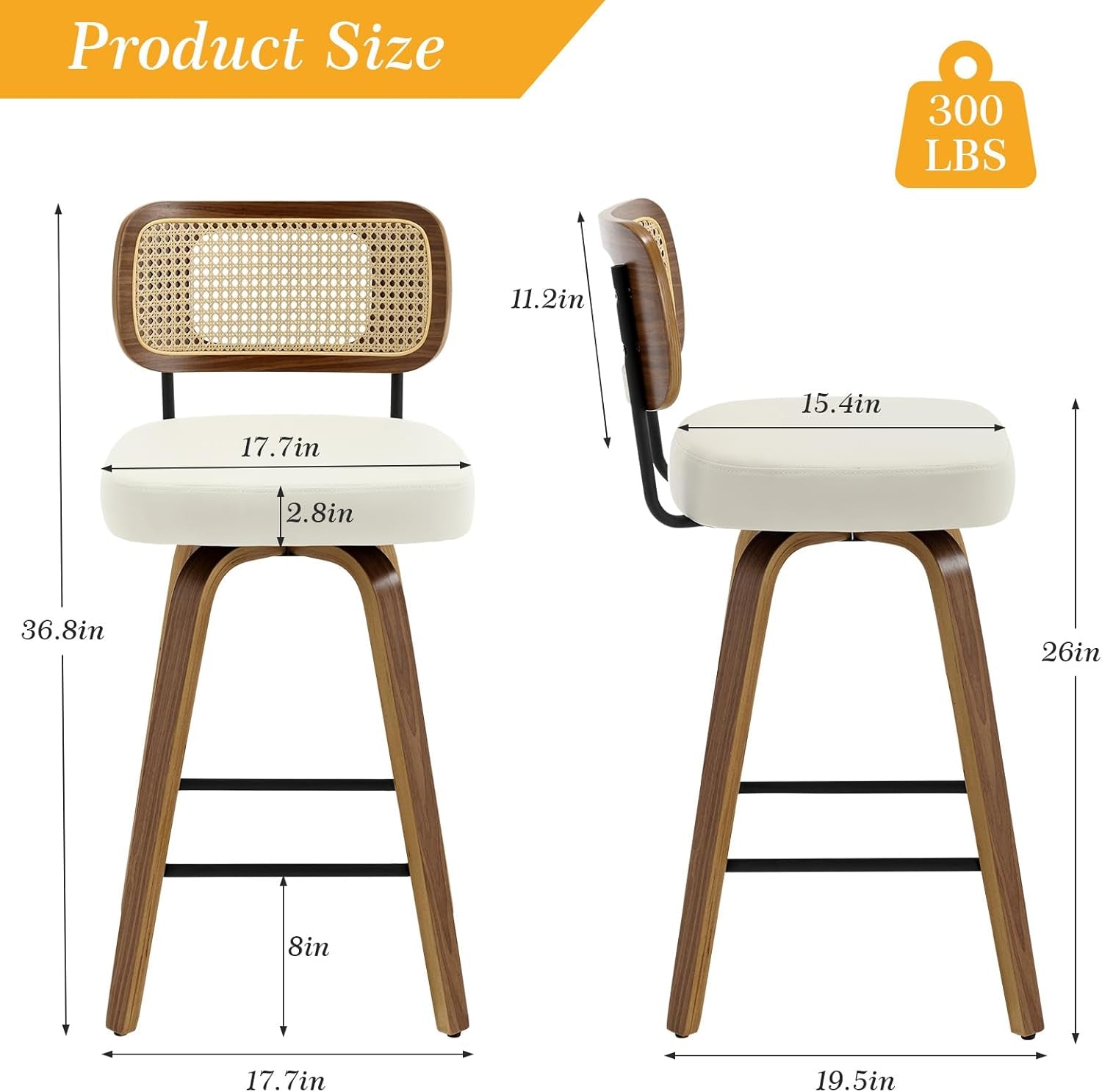 Product size dimensions for Swivel Counter Height Bar Stools Set of 4 Cream Upholstered Rattan Back.
