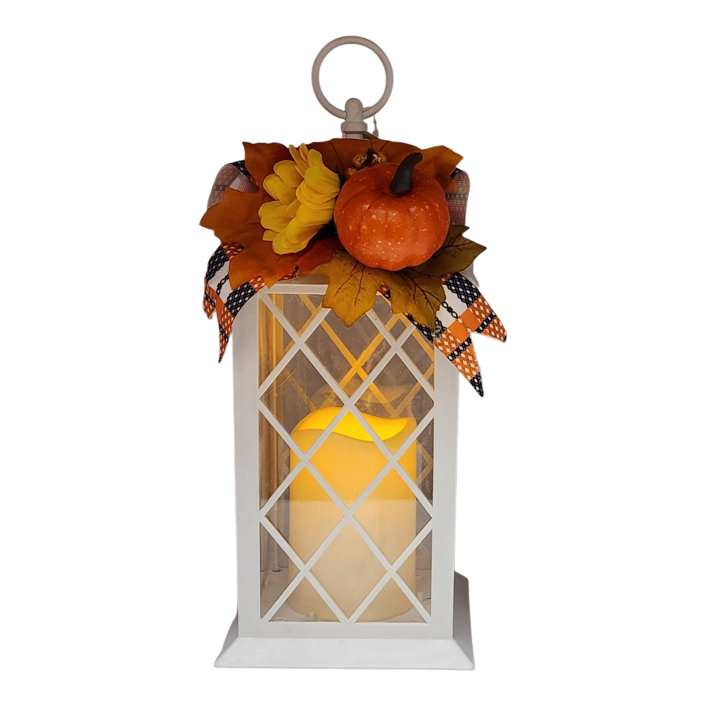 Harvest Lantern with Flickering LED Candle - White