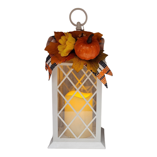 Harvest Lantern with Flickering LED Candle - White