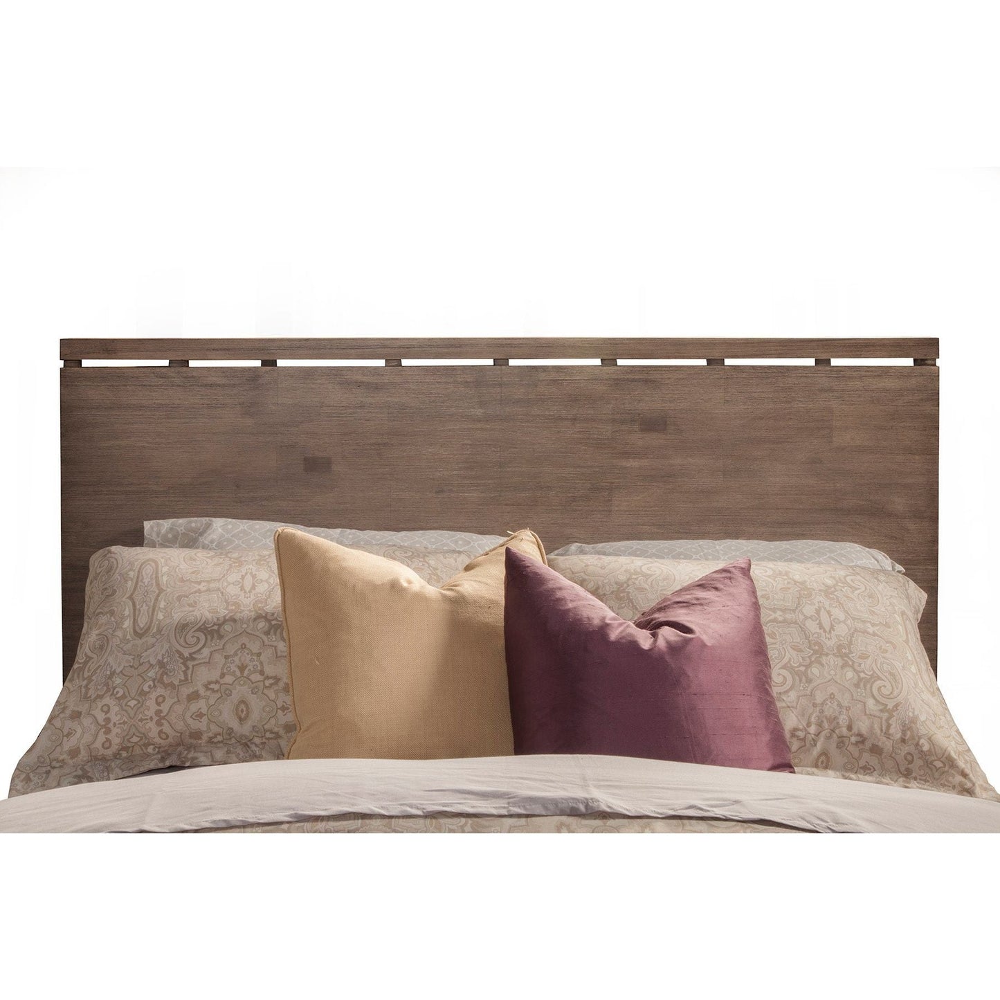 Sydney Bed in Weathered Grey finish with decorative pillows on elegant bedding.