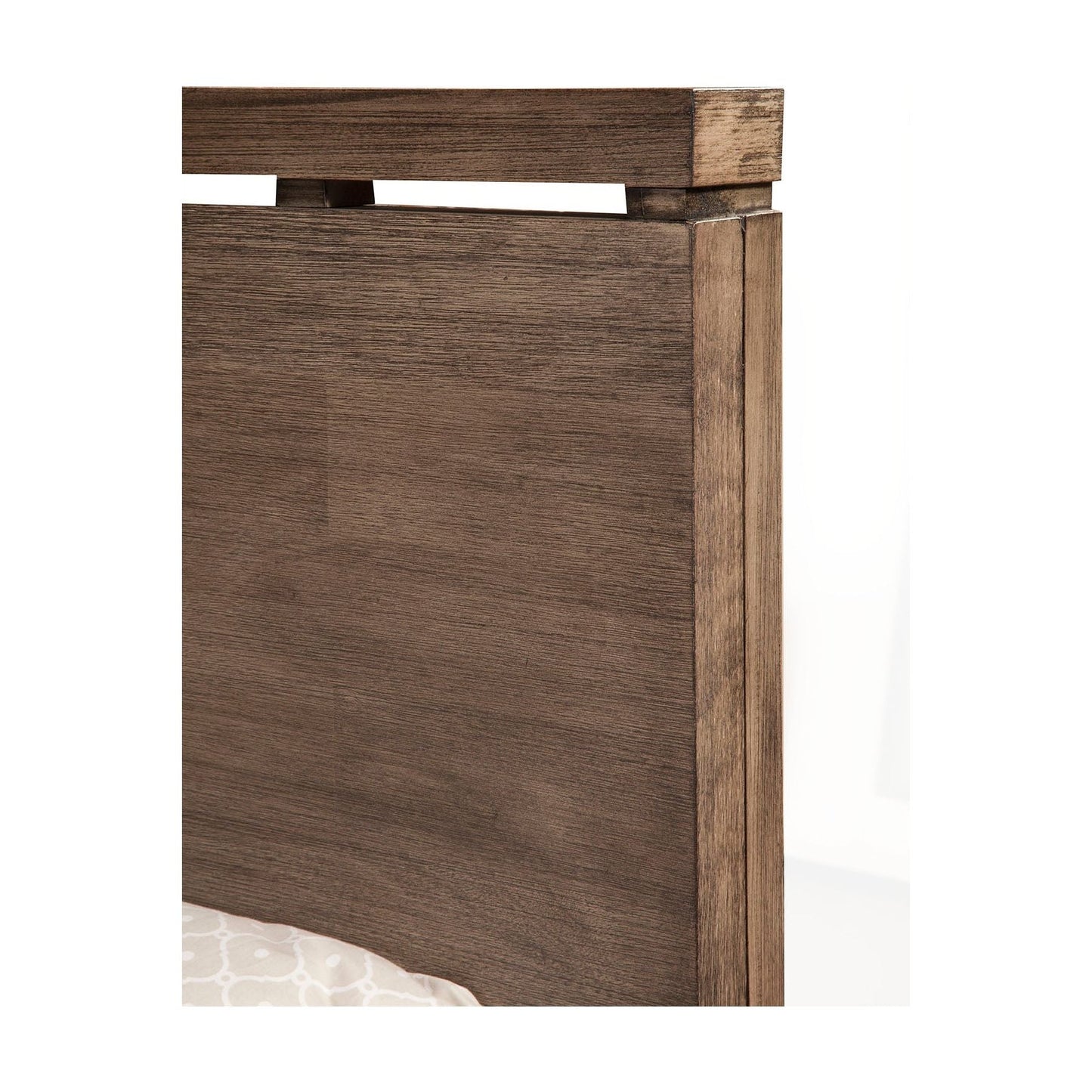Close-up of Sydney Bed in Weathered Grey featuring sleek design and fine wood details.