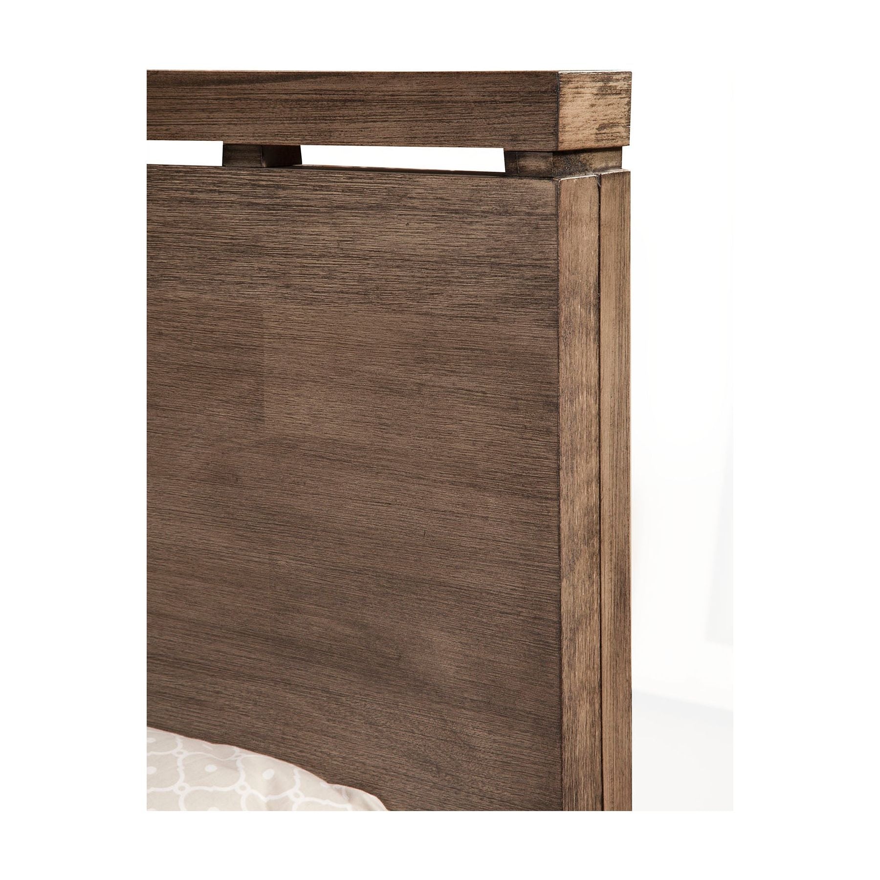 Close-up of Sydney Bed in Weathered Grey featuring sleek design and fine wood details.