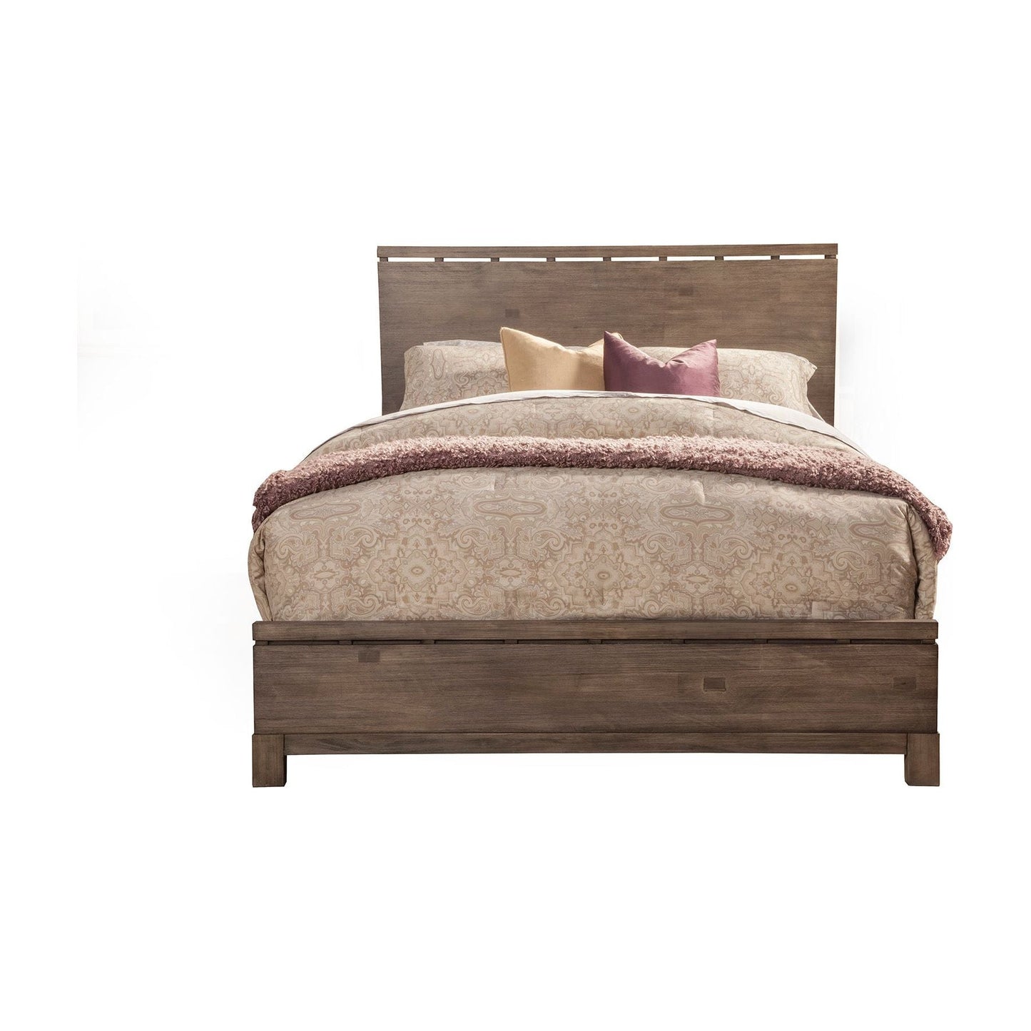 Sydney Bed in Weathered Grey finish featuring a stylish headboard and elegant bedding.