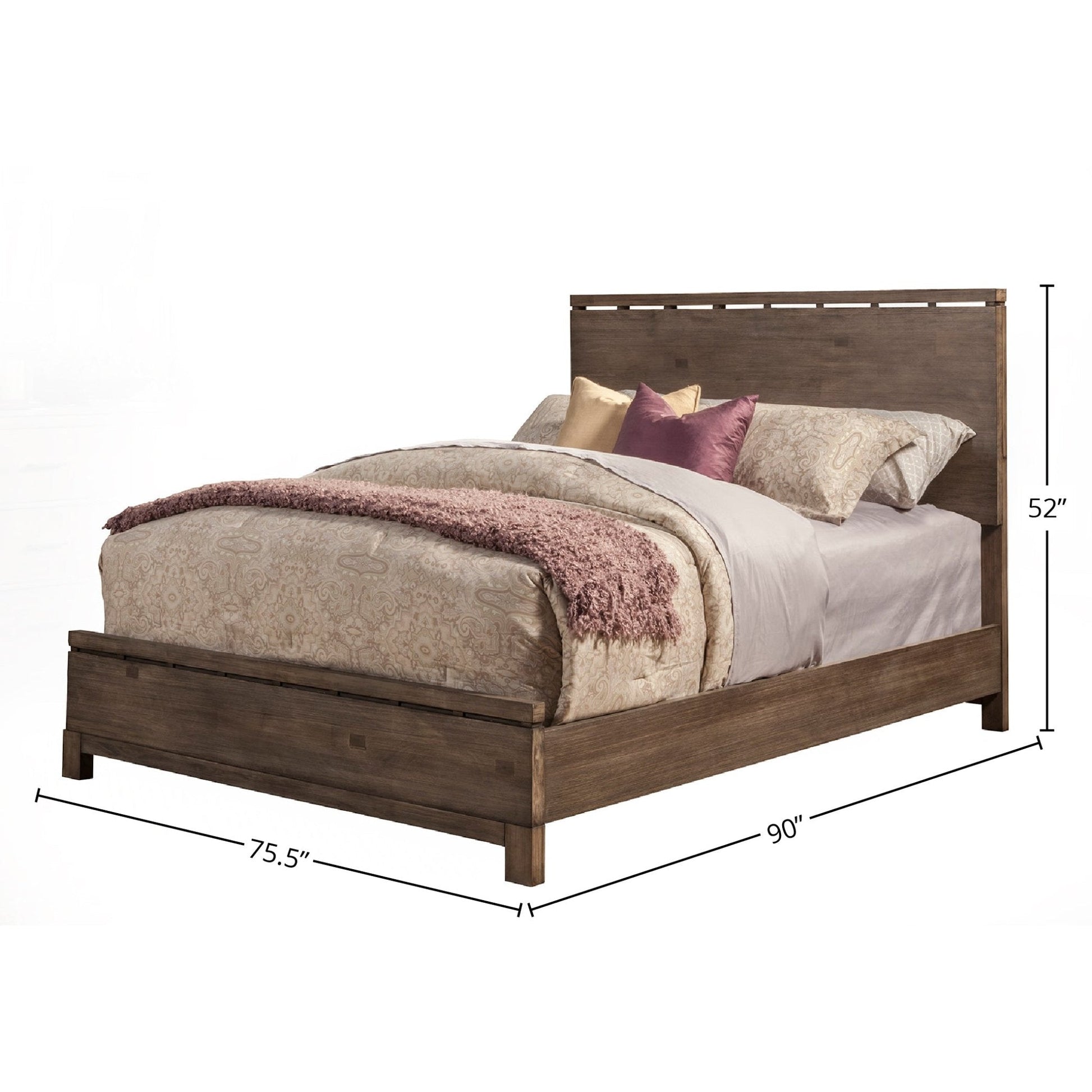 Sydney Bed in Weathered Grey with elegant design and plush bedding, dimensions 75.5x90x52 inches.