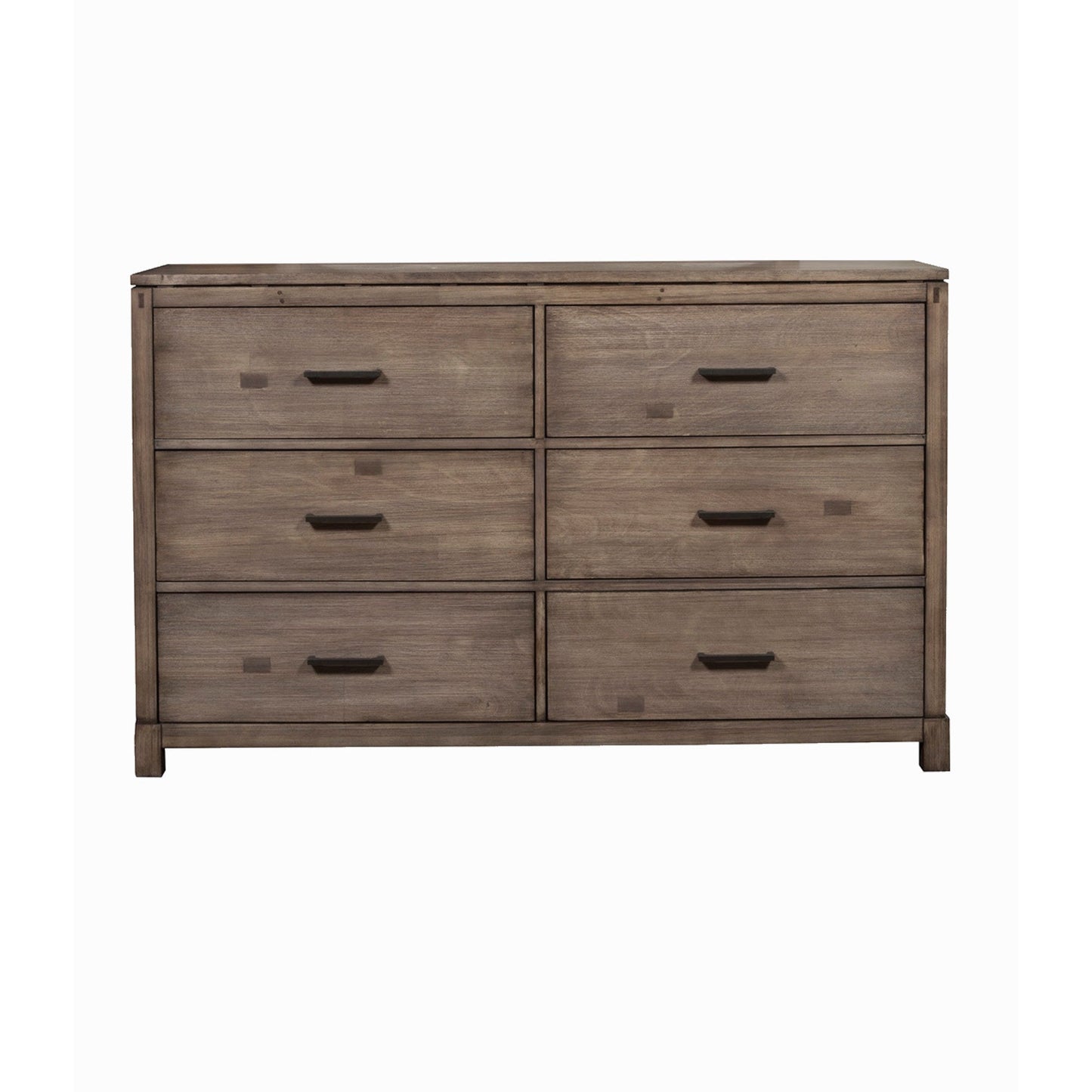 Sydney Dresser in Weathered Grey finish with six drawers for storage and a clean-lined metropolitan design.