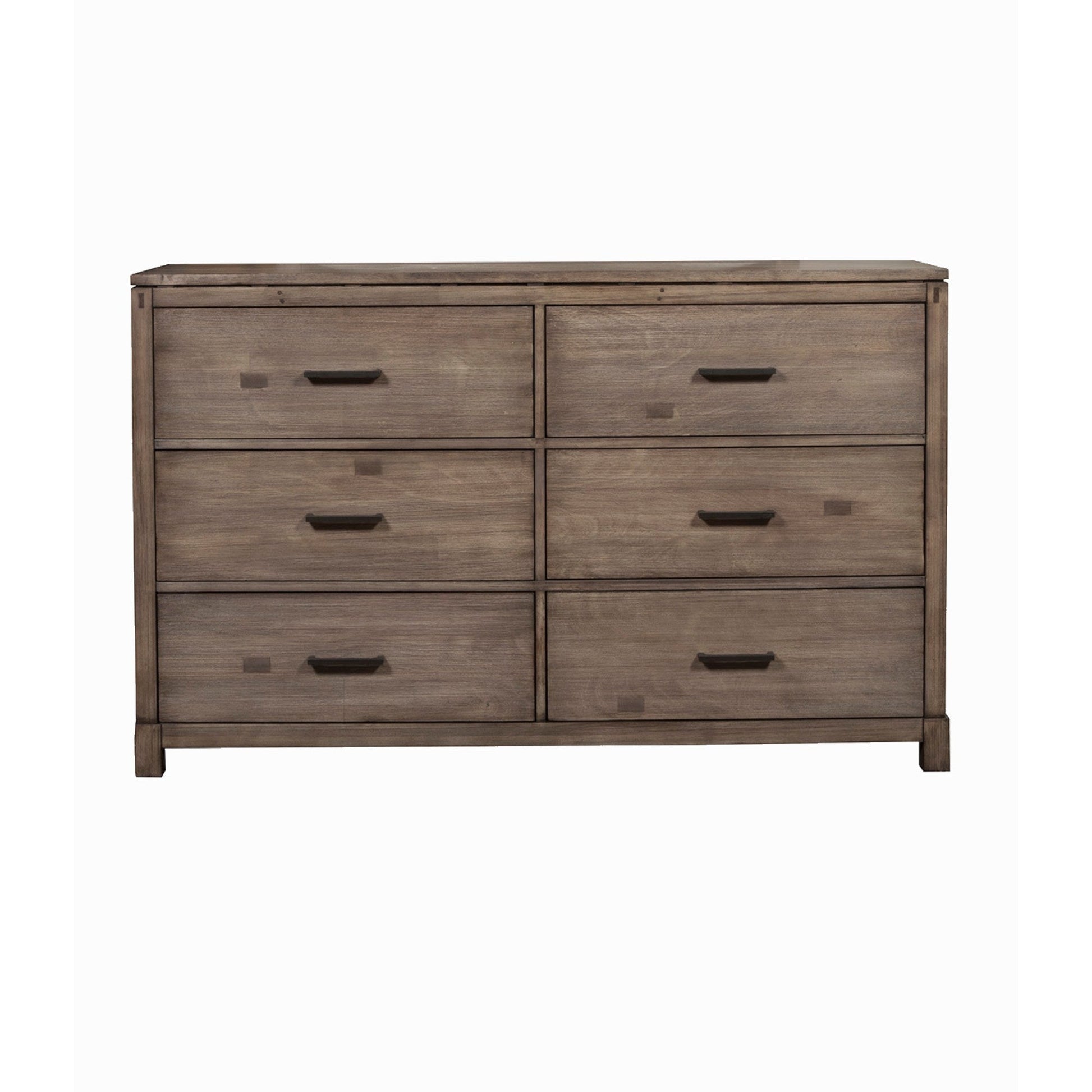 Sydney Dresser in Weathered Grey finish with six drawers for storage and a clean-lined metropolitan design.