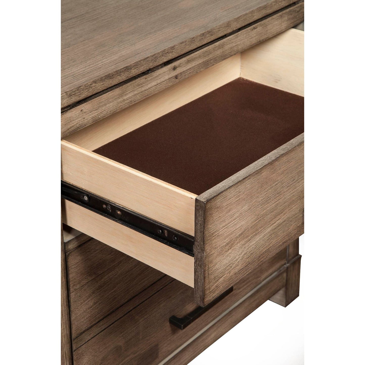Sydney Dresser drawer showing weathered grey finish and spacious interior.