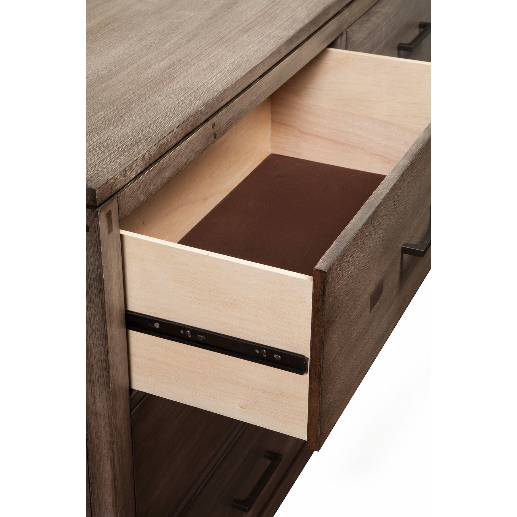 Sydney Dresser drawer detail showing spacious storage and elegant Weathered Grey finish.