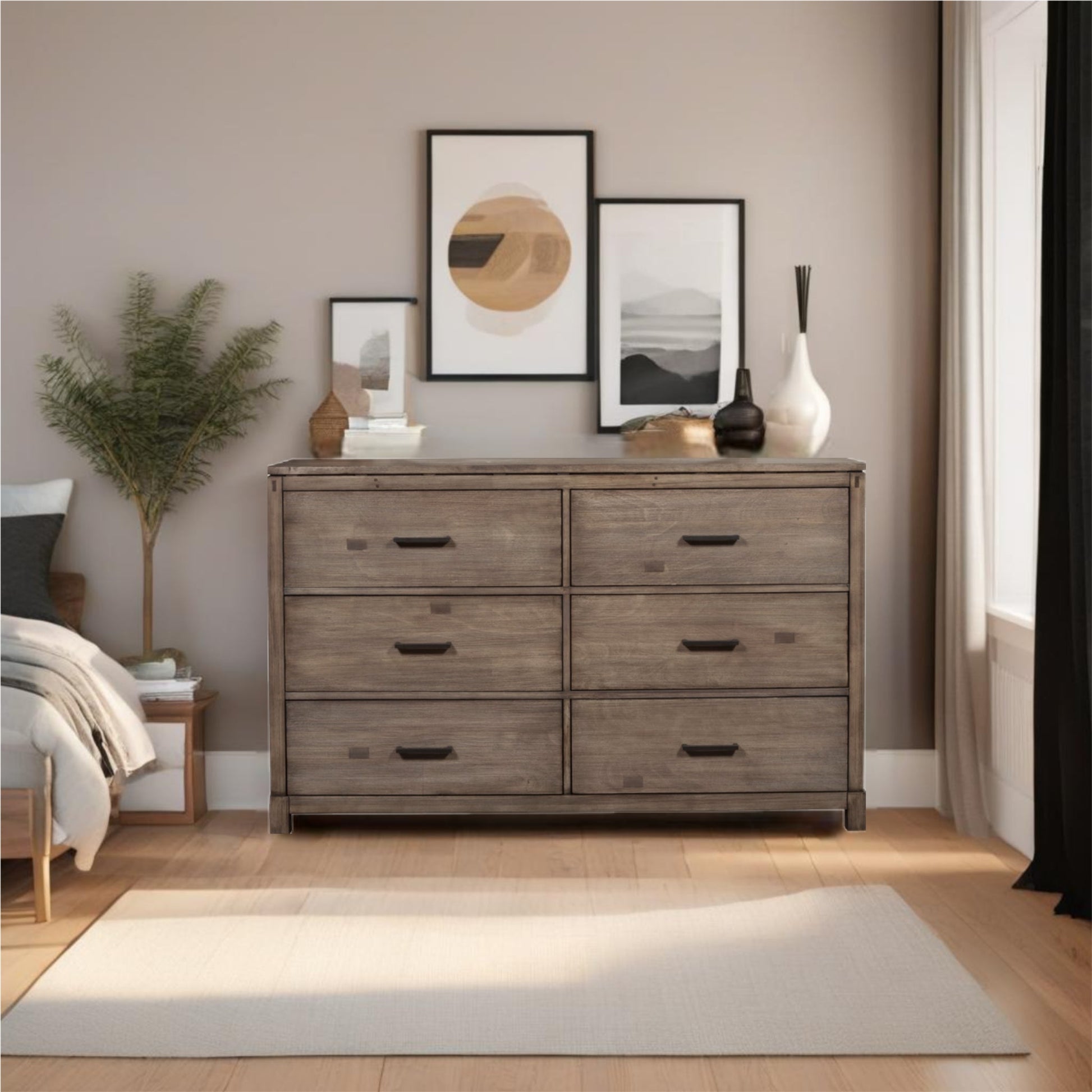 Sydney Dresser in Weathered Grey finish with six drawers, placed against a modern, stylish wall with artwork.