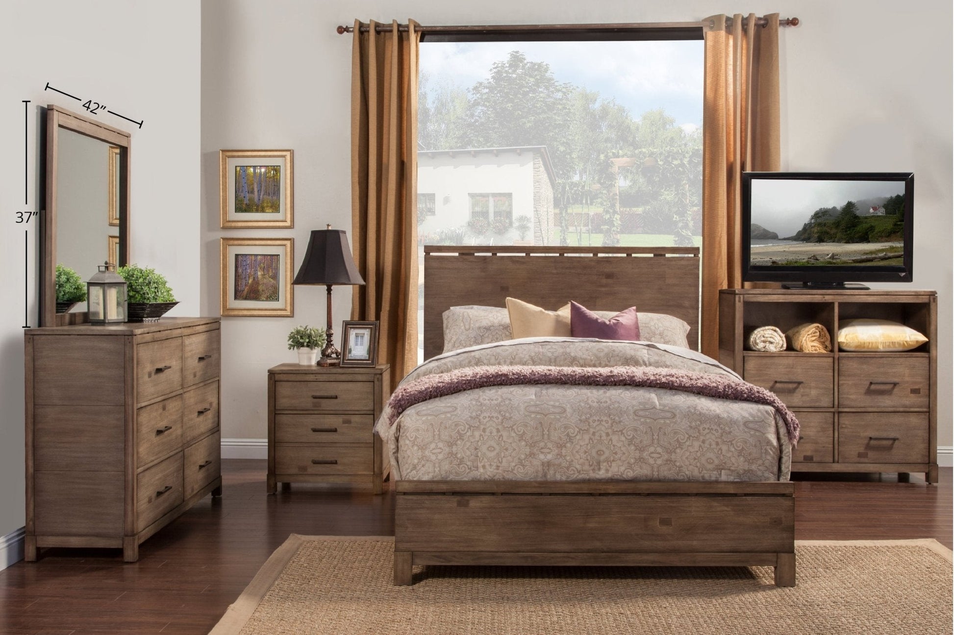 Sydney Mirror in weathered grey finish above dresser in a modern bedroom setting with warm tones.