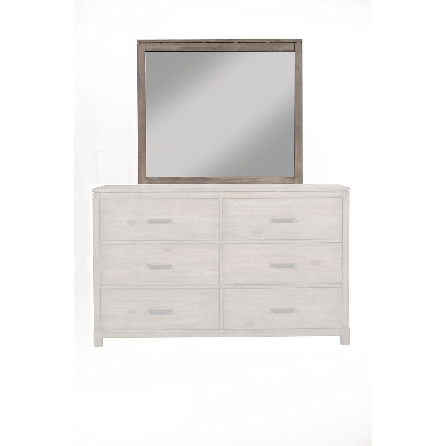 Sydney Mirror above a six-drawer dresser in weathered grey, showcasing a clean-lined metropolitan aesthetic.