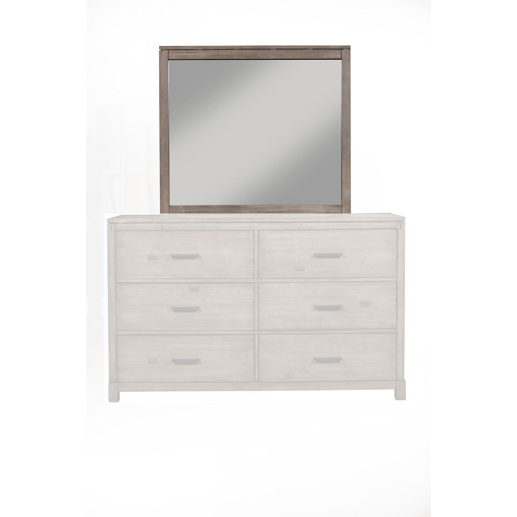 Sydney Mirror above a six-drawer dresser in weathered grey, showcasing a clean-lined metropolitan aesthetic.