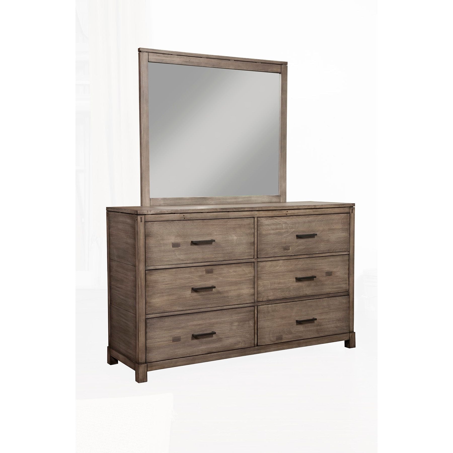 Sydney Mirror above a weathered grey dresser featuring clean-lined metropolitan design.