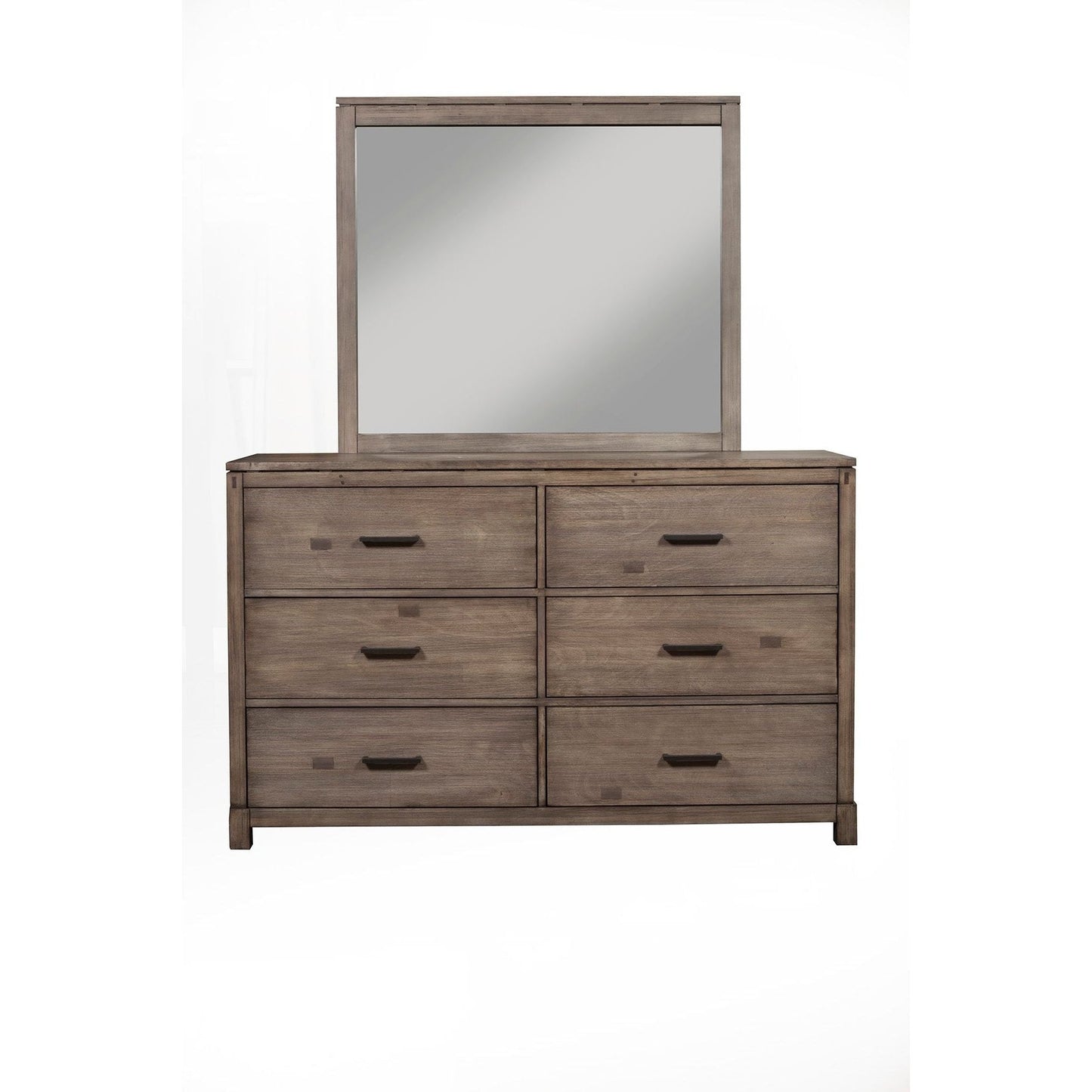 Sydney Mirror in weathered grey finish above a dresser with six drawers, featuring a clean-lined metropolitan style.