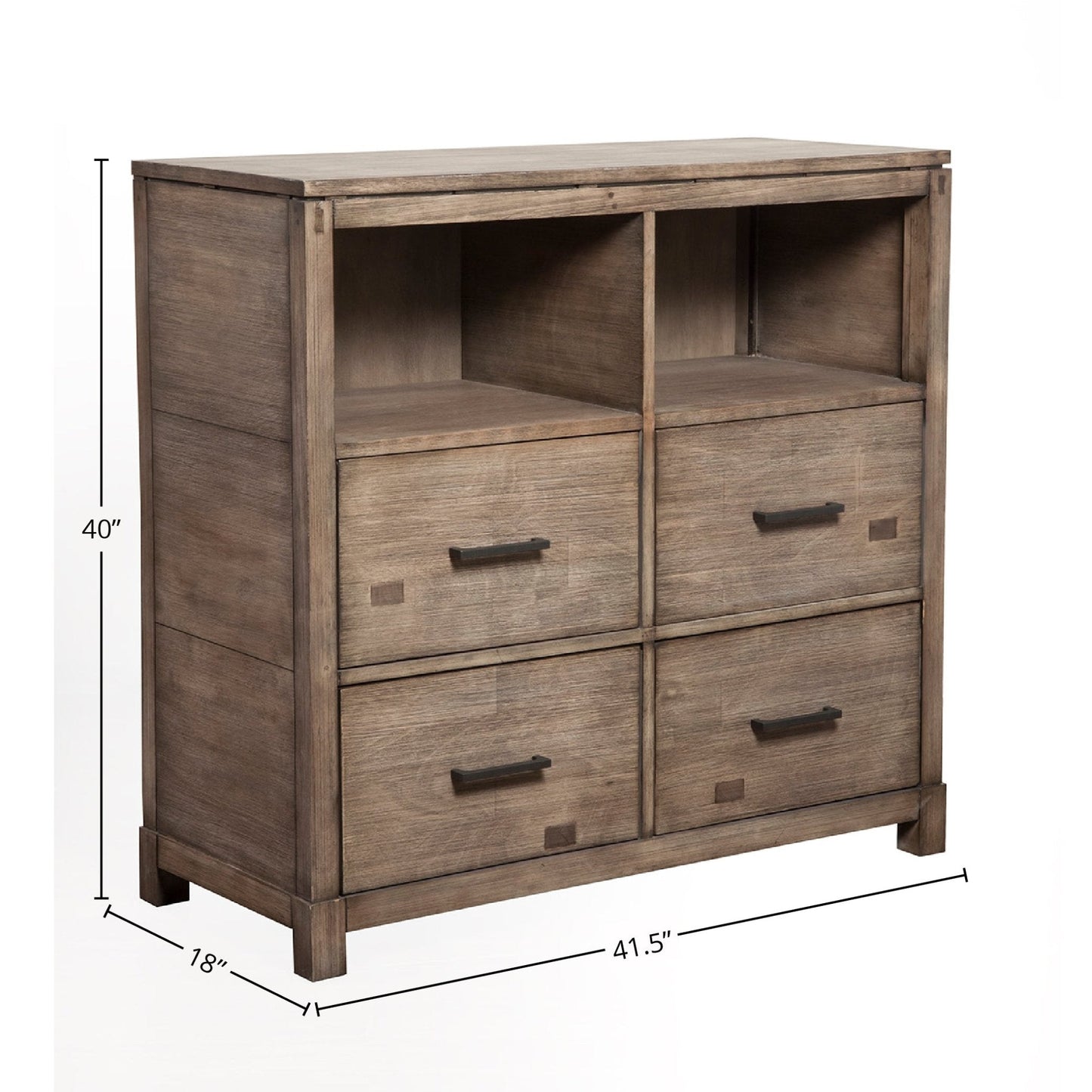 Sydney TV Media Chest in Weathered Grey finish, featuring 4 drawers and open shelves for stylish storage.