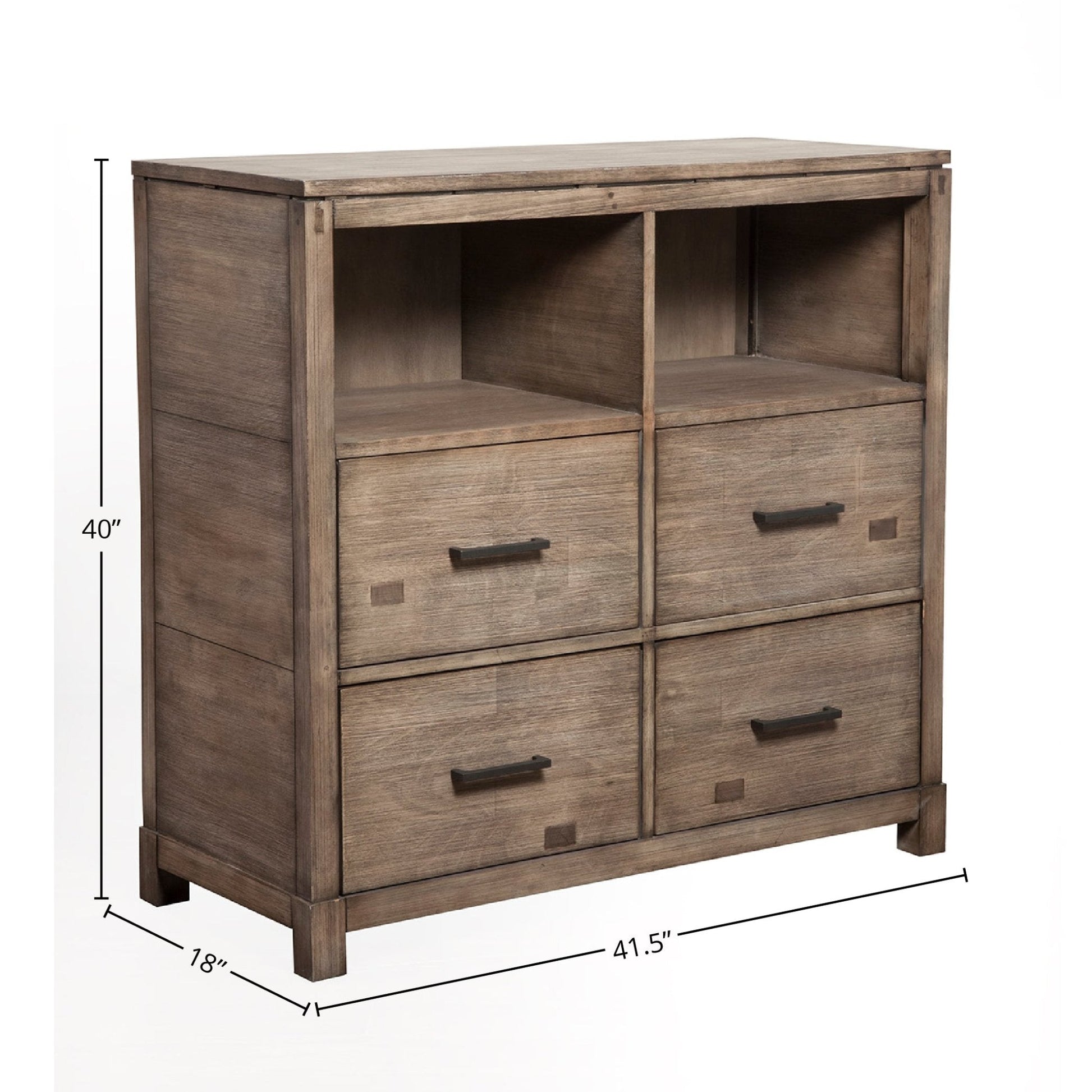 Sydney TV Media Chest in Weathered Grey finish, featuring 4 drawers and open shelves for stylish storage.