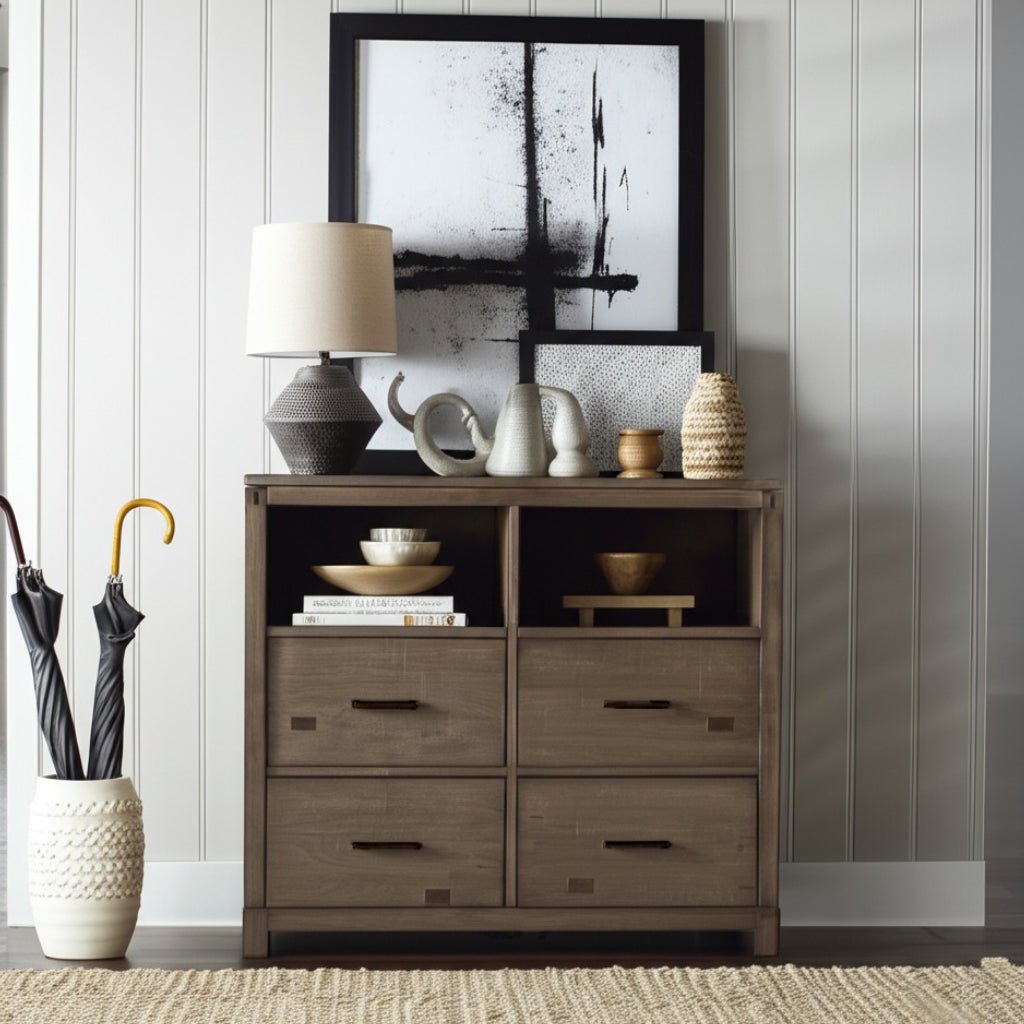 Sydney TV Media Chest in Weathered Grey showcasing stylish design and four spacious drawers for versatile storage.