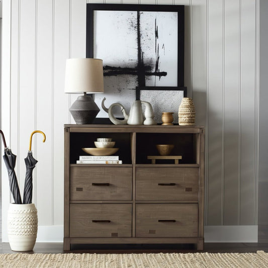 Sydney TV Media Chest in Weathered Grey showcasing stylish design and four spacious drawers for versatile storage.