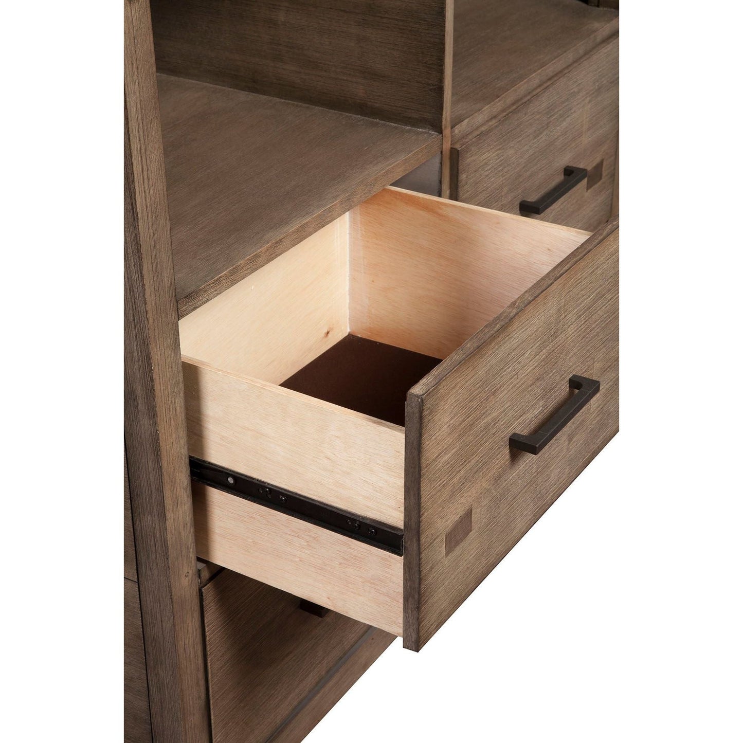Sydney TV Media Chest with a drawer open, showcasing the interior and weathered grey finish.