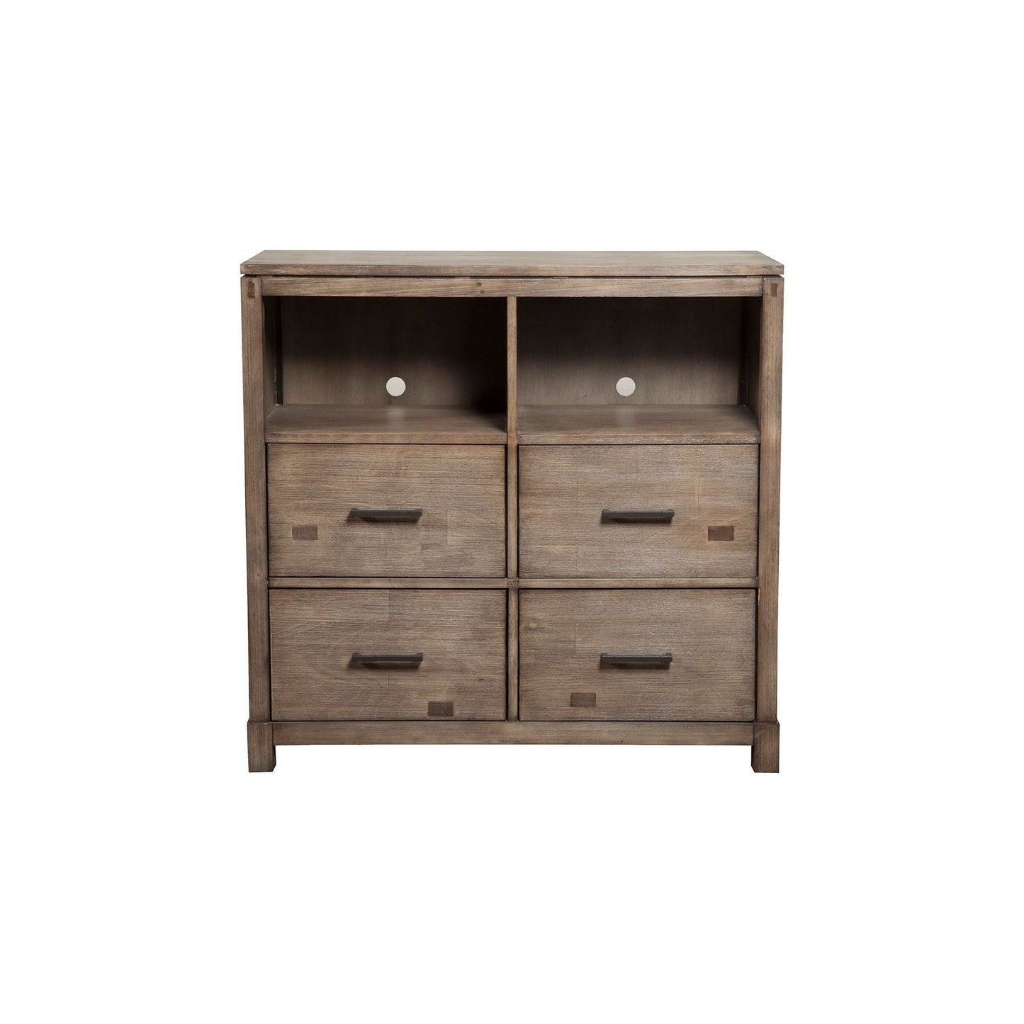 Sydney TV Media Chest in Weathered Grey with four drawers and open shelving for media storage.