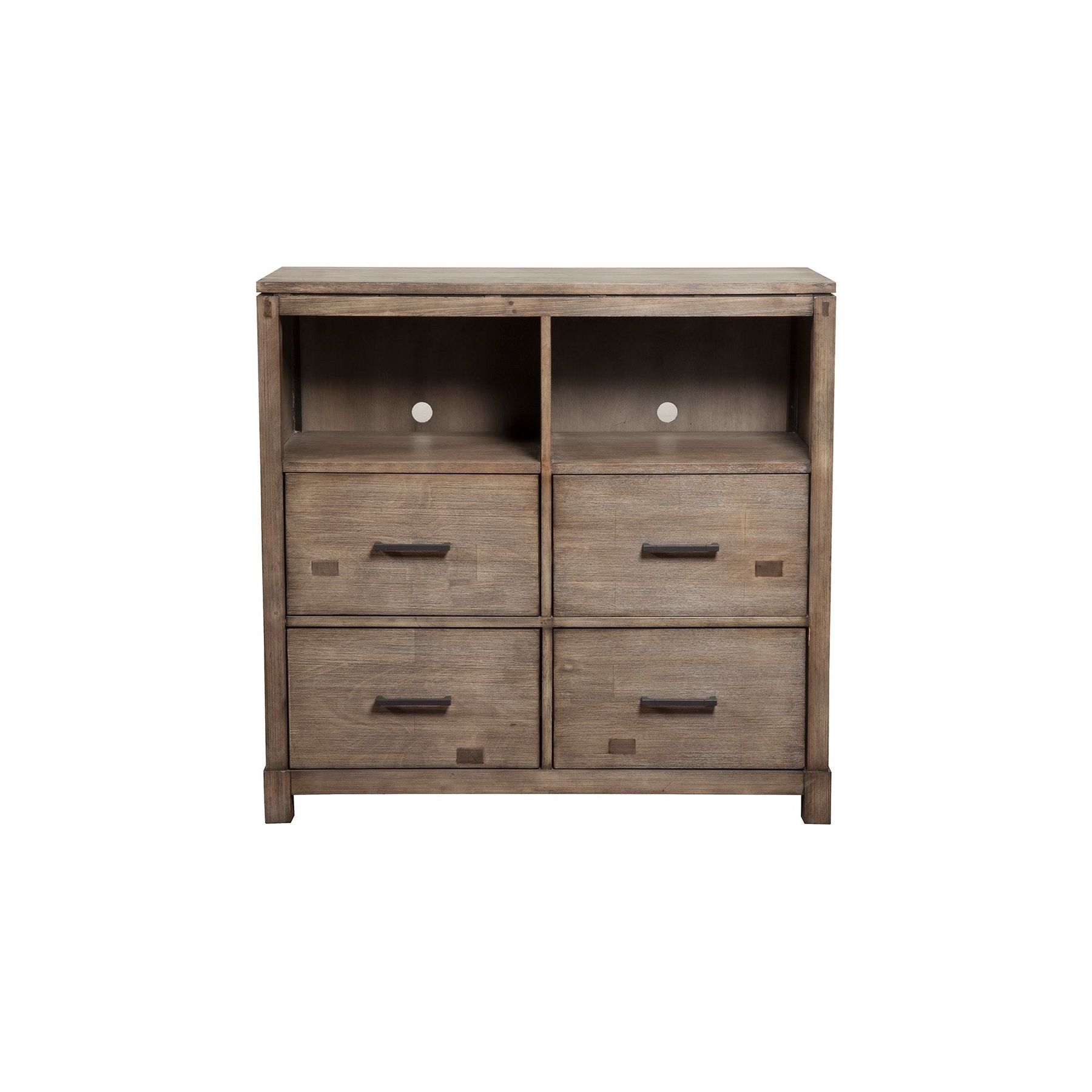 Sydney TV Media Chest in Weathered Grey with four drawers and open shelving for media storage.
