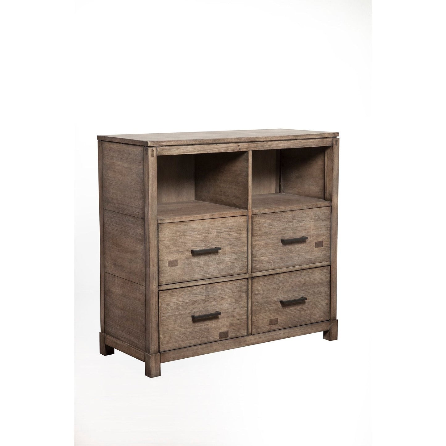 Sydney TV Media Chest in Weathered Grey with four drawers and two open shelves for media and storage.