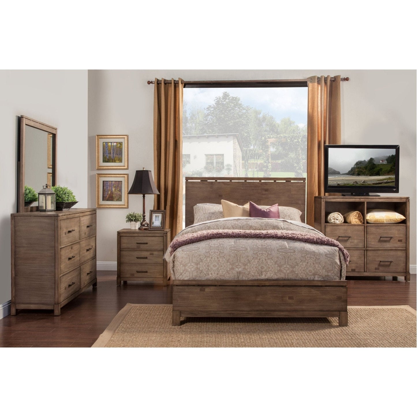 Sydney TV Media Chest in a weathered grey bedroom setting with elegant design elements and media storage.