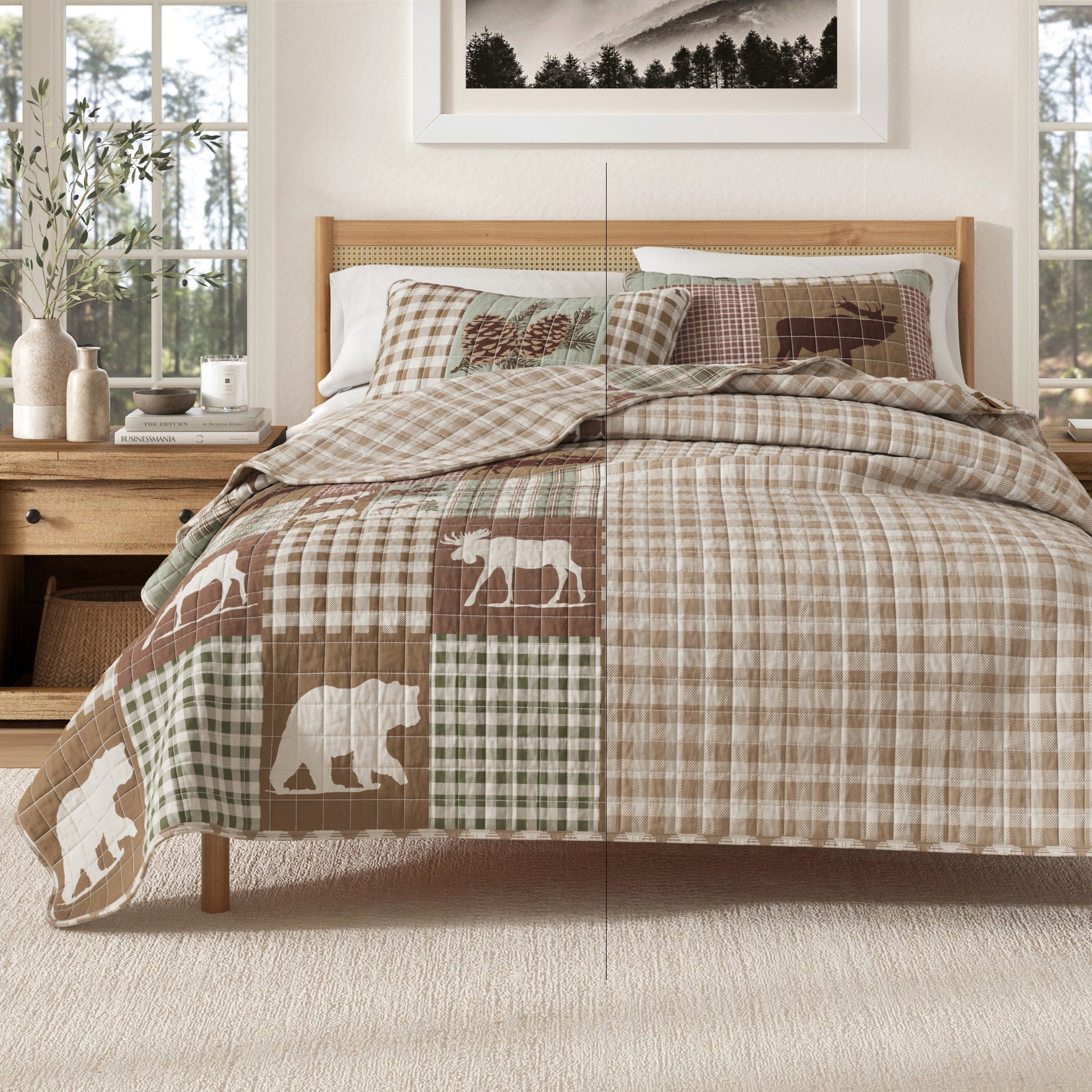 Bed with plaid and animal patterned comforter in a bedroom setting