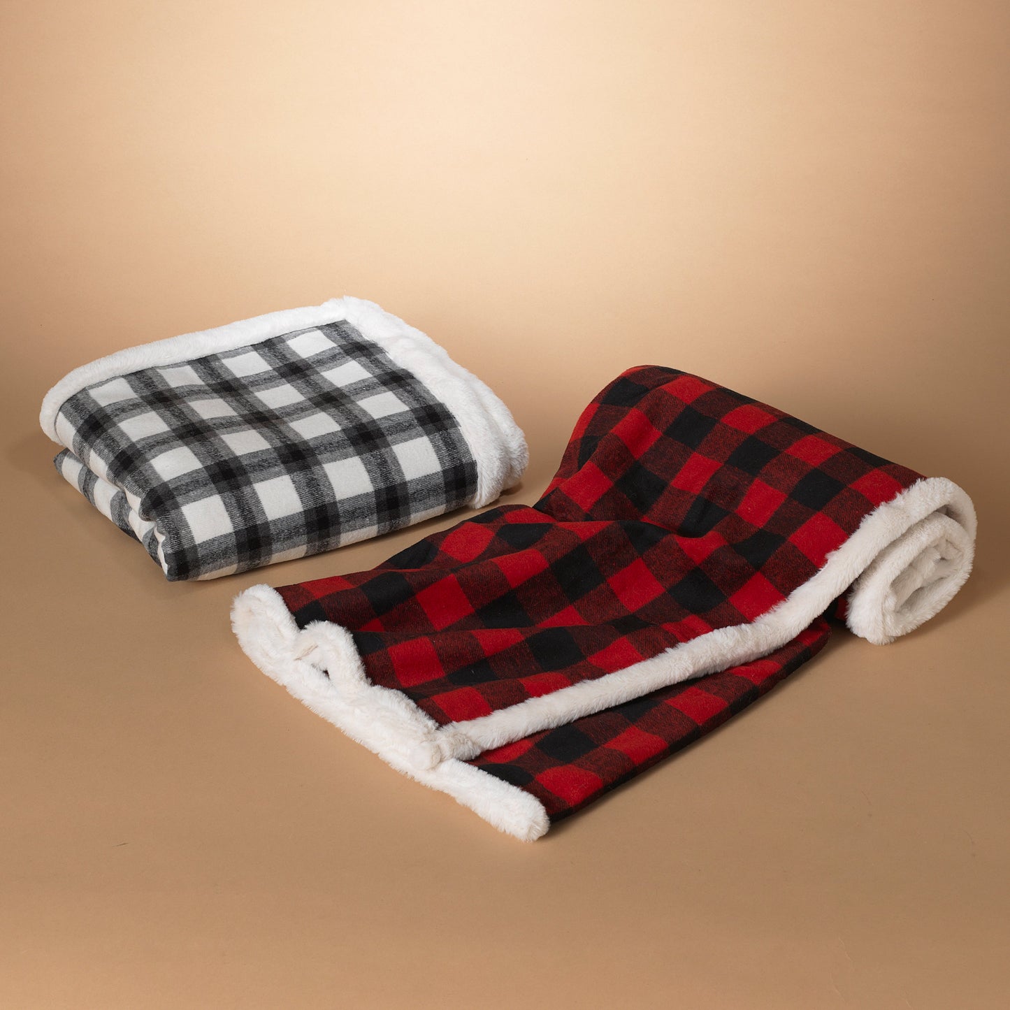 Fabric Plaid Throw With  Faux Fur -
