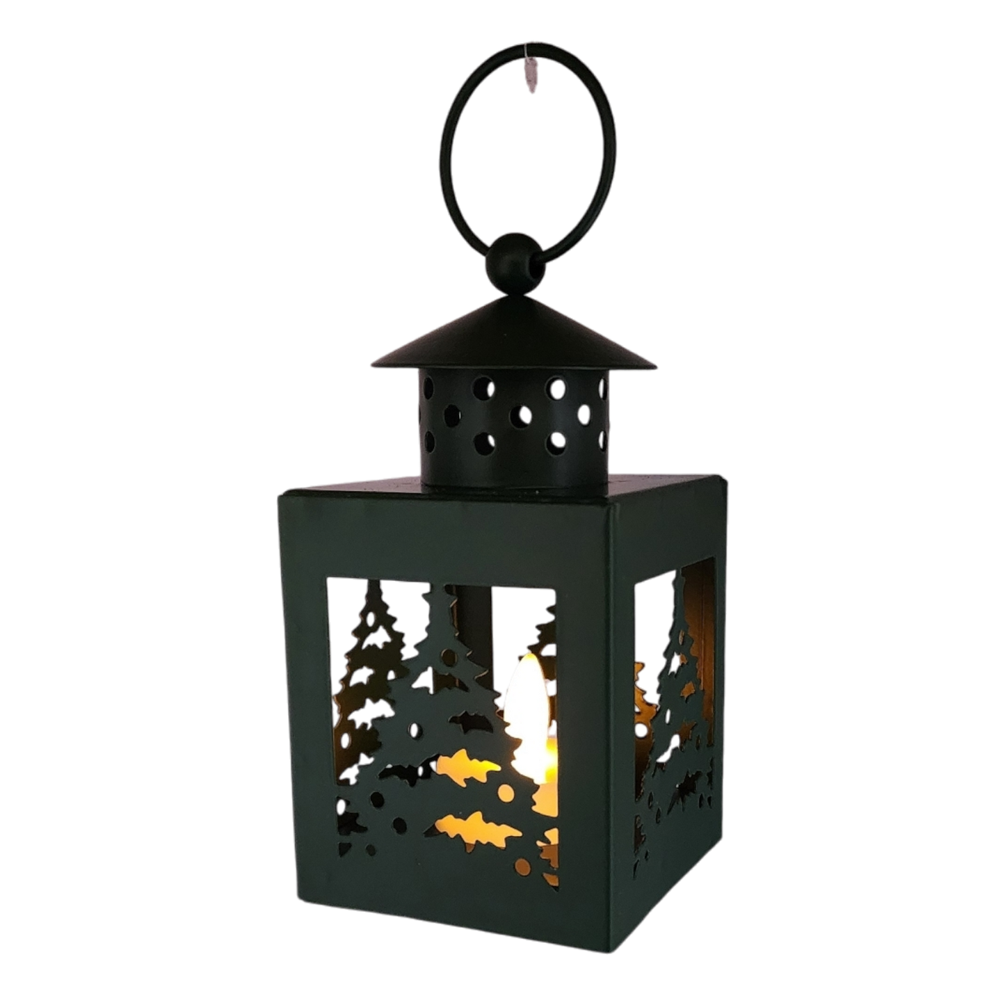 B/O Lighted Metal Holiday Lantern with LED Tealight - Green