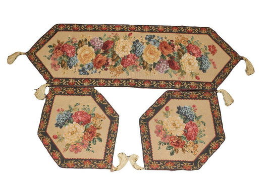 Set of 3 Colorful Country Rustic Floral Morning Awakening Table Runner Set with floral design and tassels
