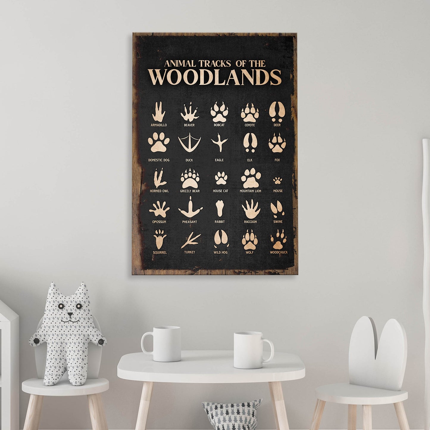 Poster titled 'Animal Tracks of the Woodlands' on a wall above a small table with cups and a plush toy.