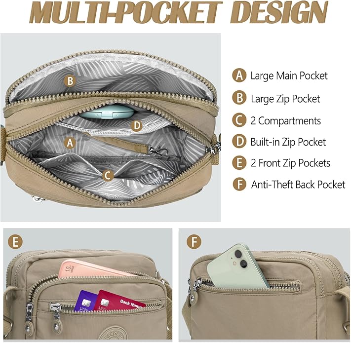 TEUEN Nylon Large Multi-Pocket Shoulder Bag