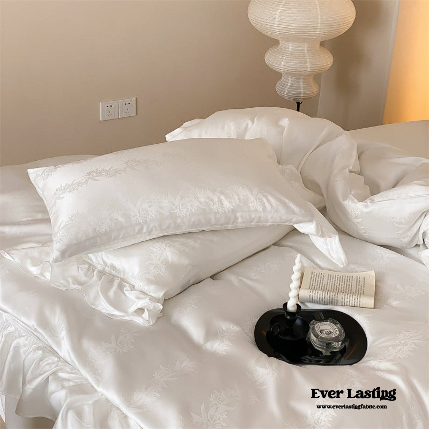 Tencel Silky Floral Ruffle Bedding Set / Snow White