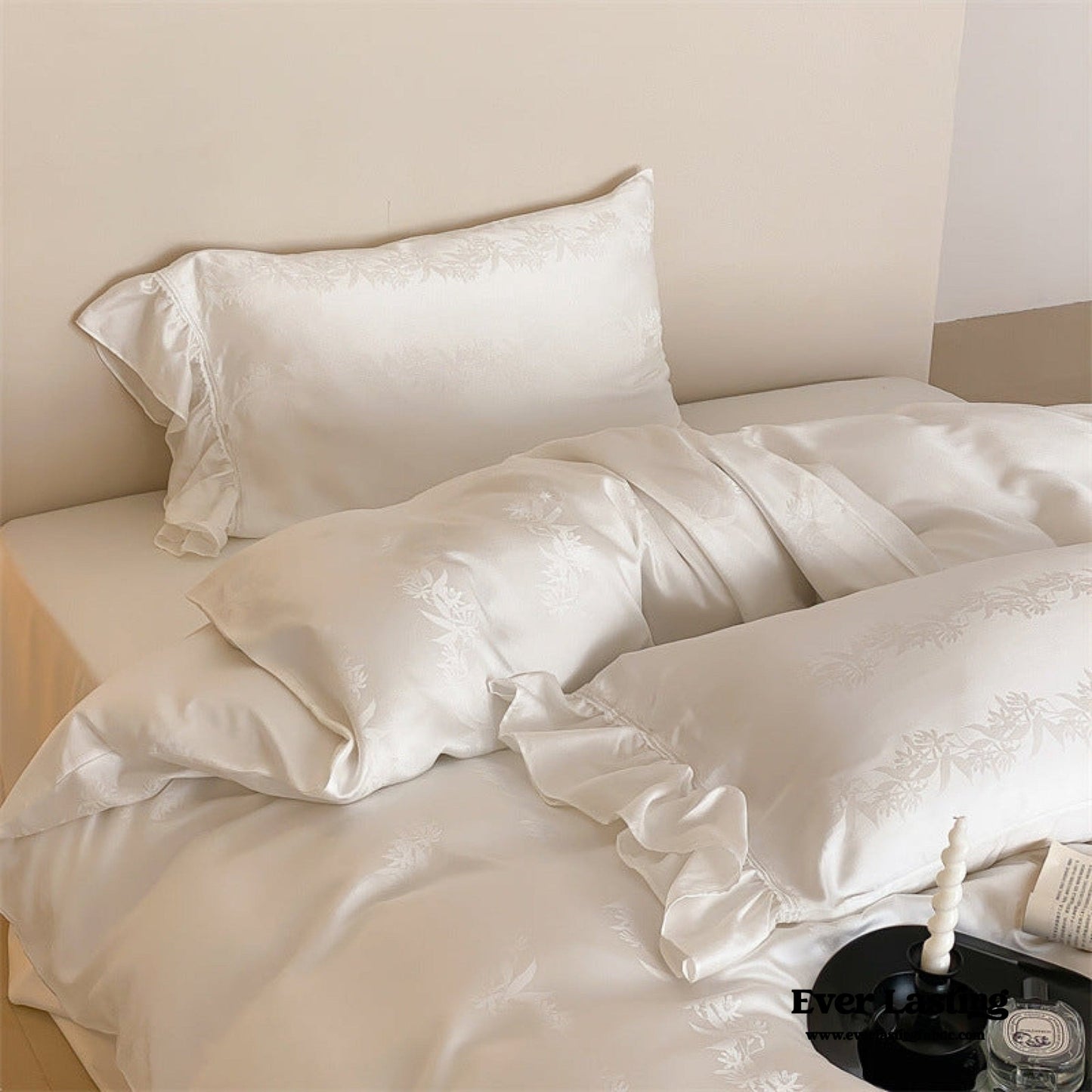 Tencel Silky Floral Ruffle Bedding Set / Snow White