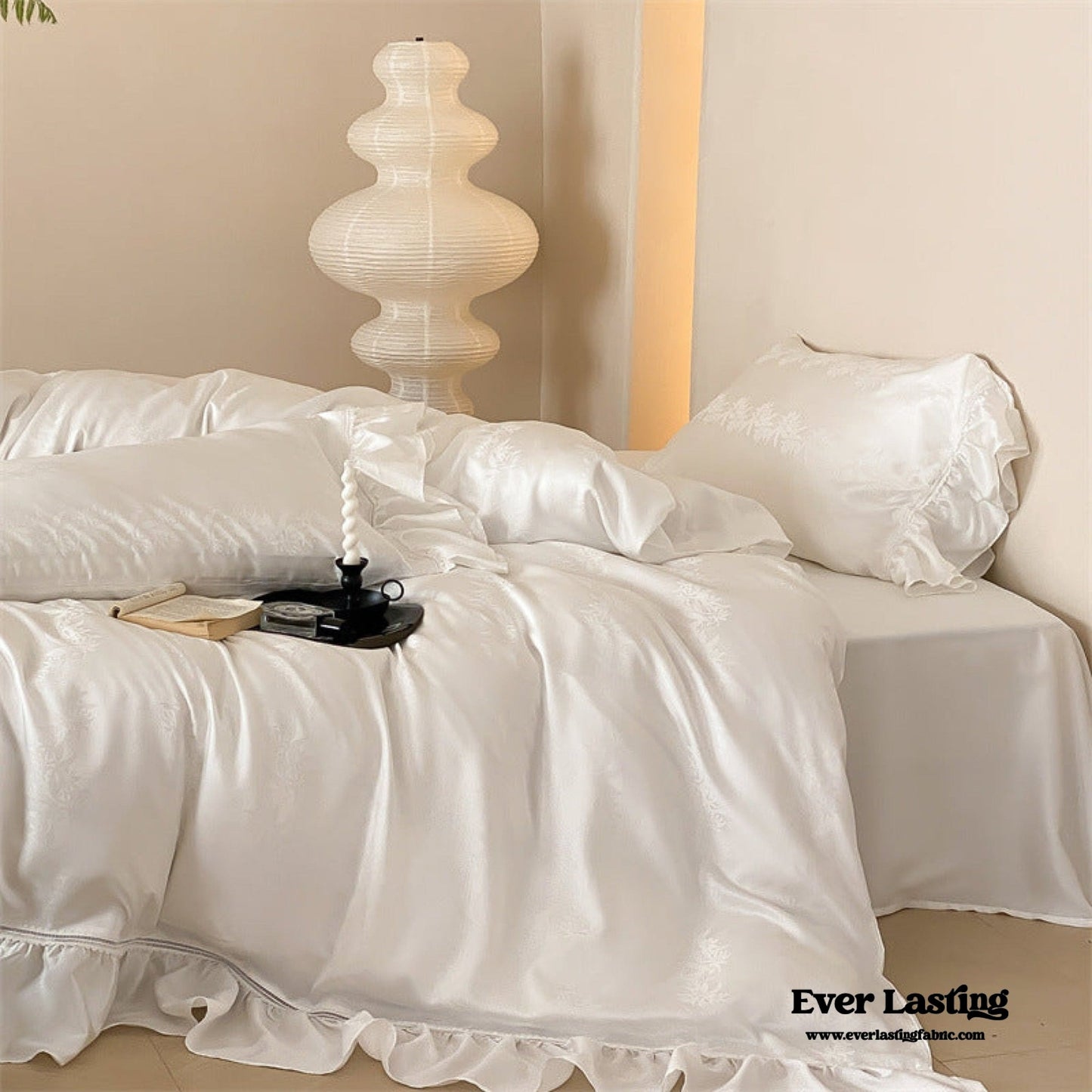 Tencel Silky Floral Ruffle Bedding Set / Snow White