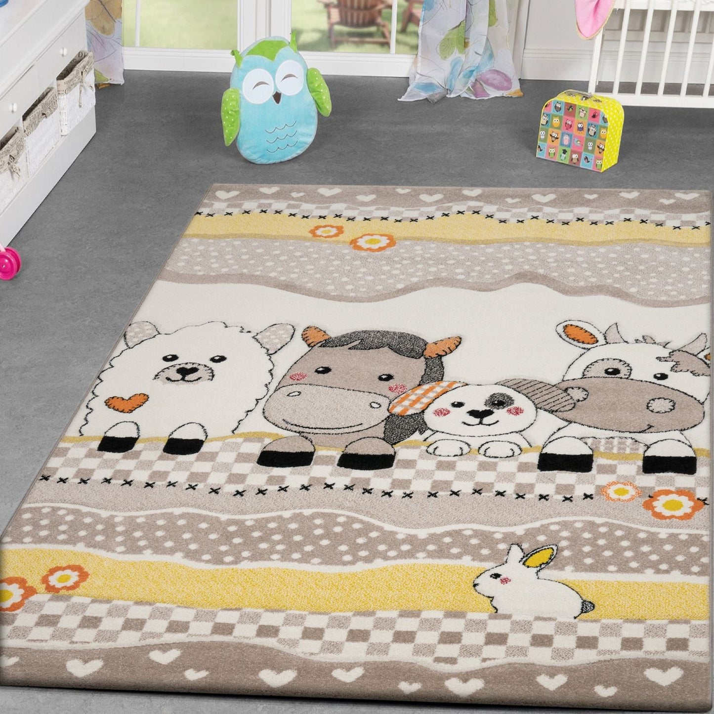 Kids Rug with Charming Farm Animals Patchwork in Beige Cream