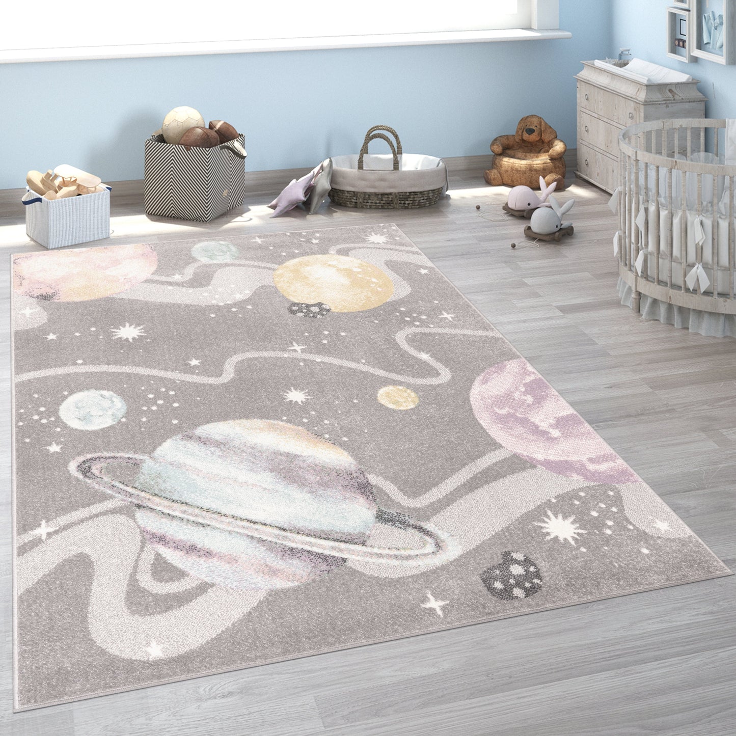 Kids Rug Nino Space with pastel colored Planets and Stars in Grey