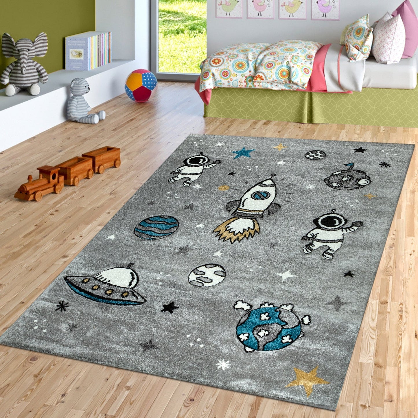 Space Rug for Kids with Astronauts & Rockets in Grey