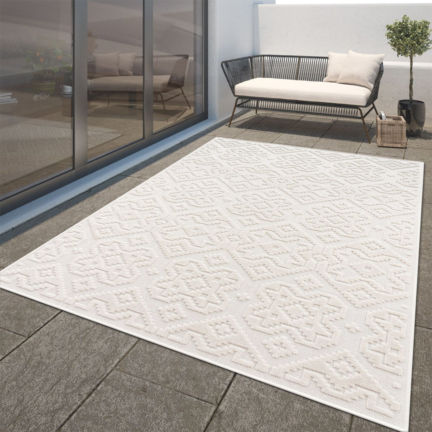 In- & Outdoor Rug Marrakesh High-Low Diamond Effect Pattern Cream