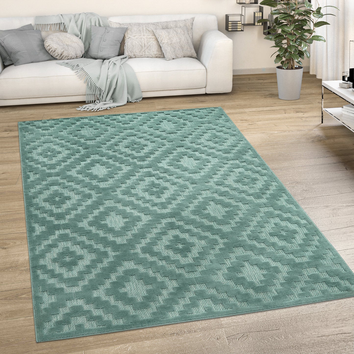 Indoor Outdoor Rug Livorno Trellis High-Low Pattern In Turquoise