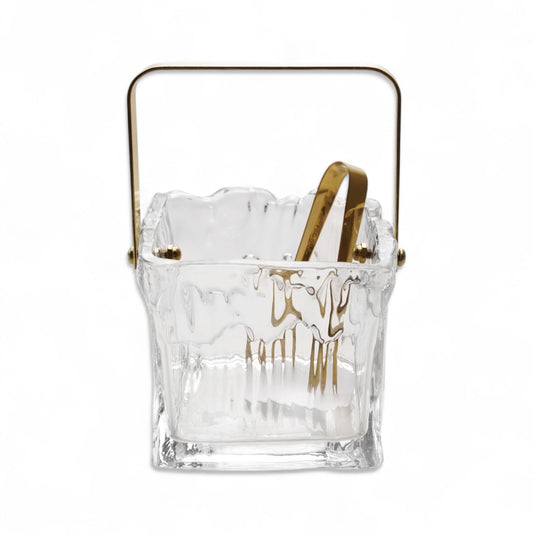 Textured Glass Ice Bucket with Gold Handle & Tongs