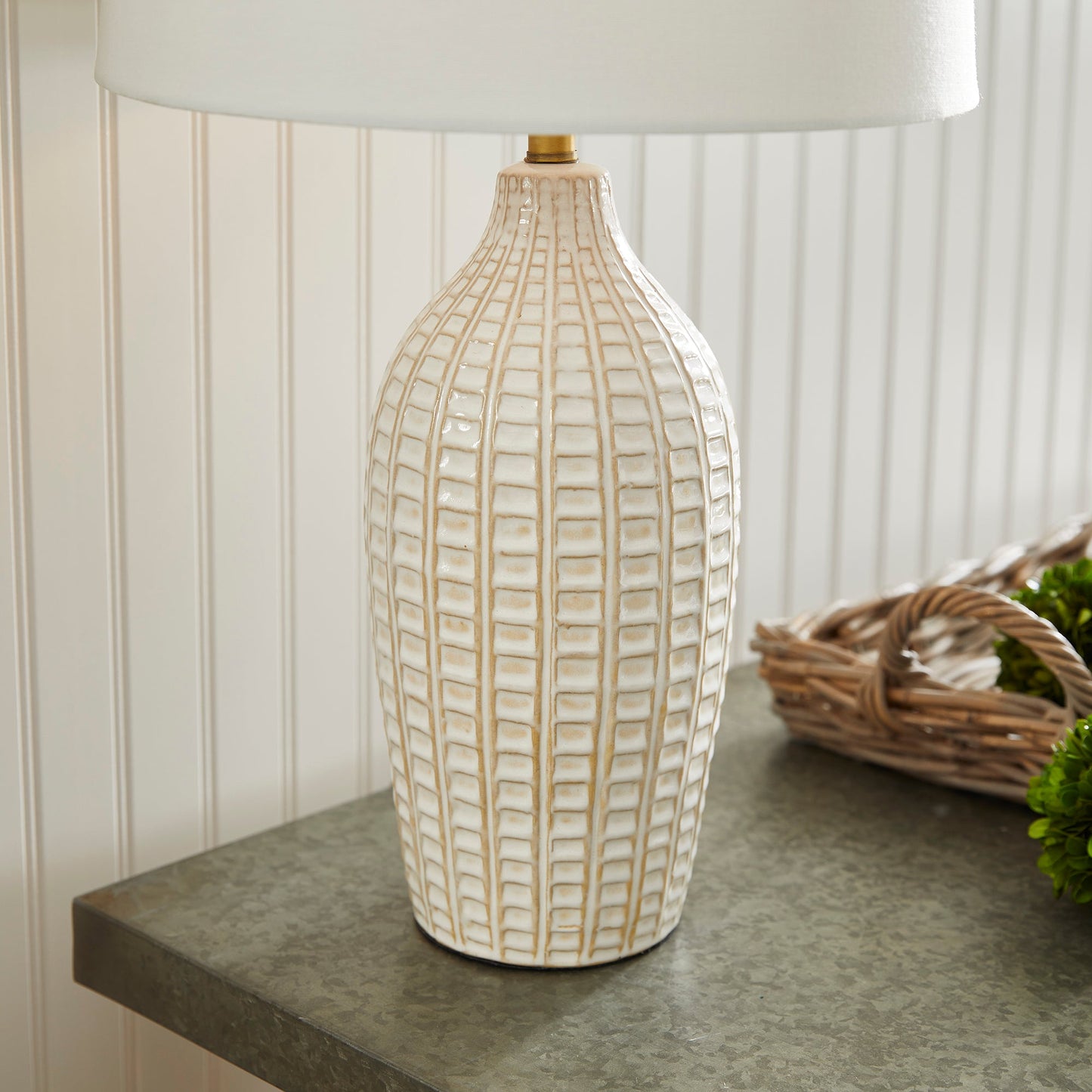 Textured Vintage Ceramic Table Lamp in White Glaze