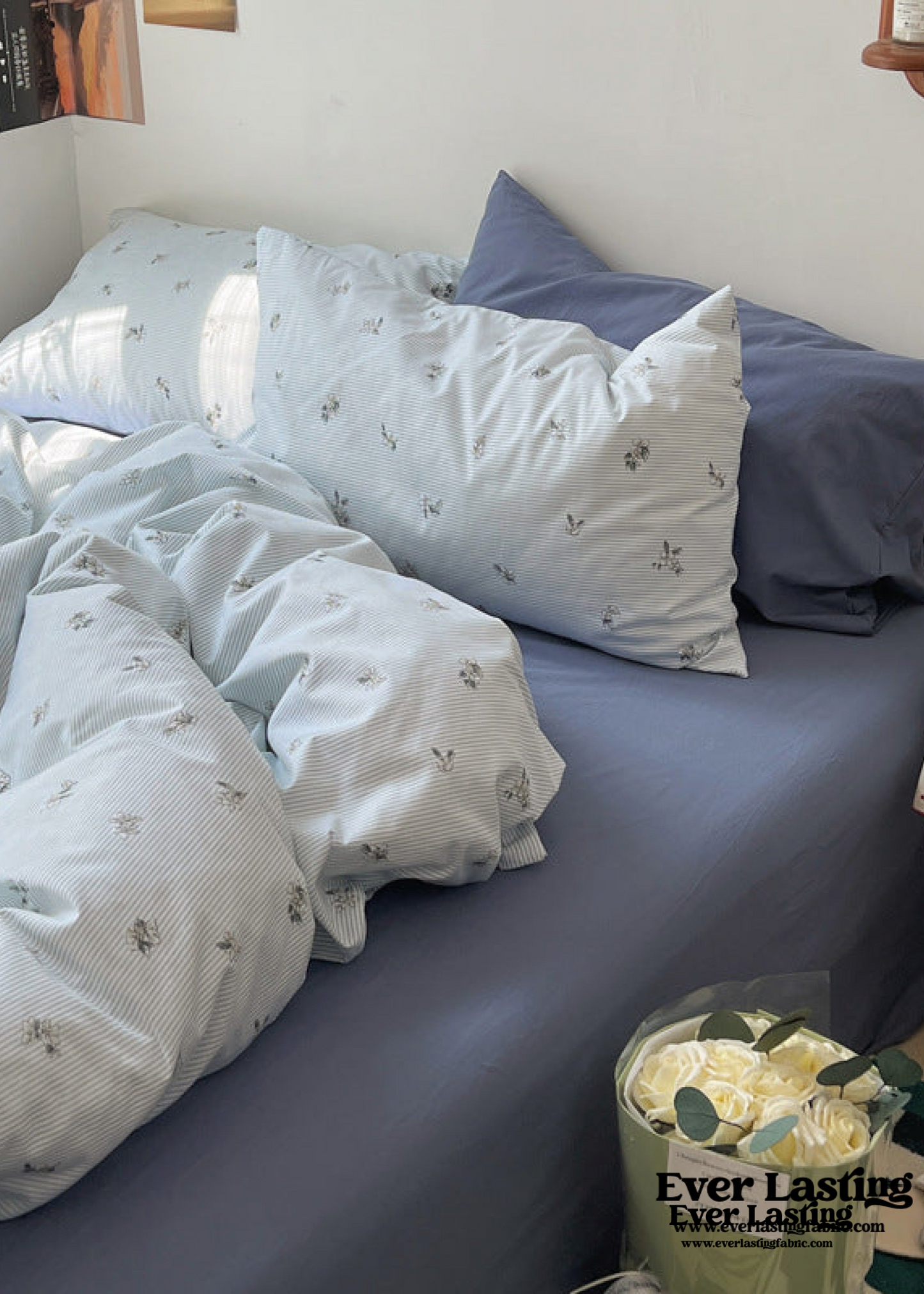 Thin Stripe Floral Bedding Set / Pink